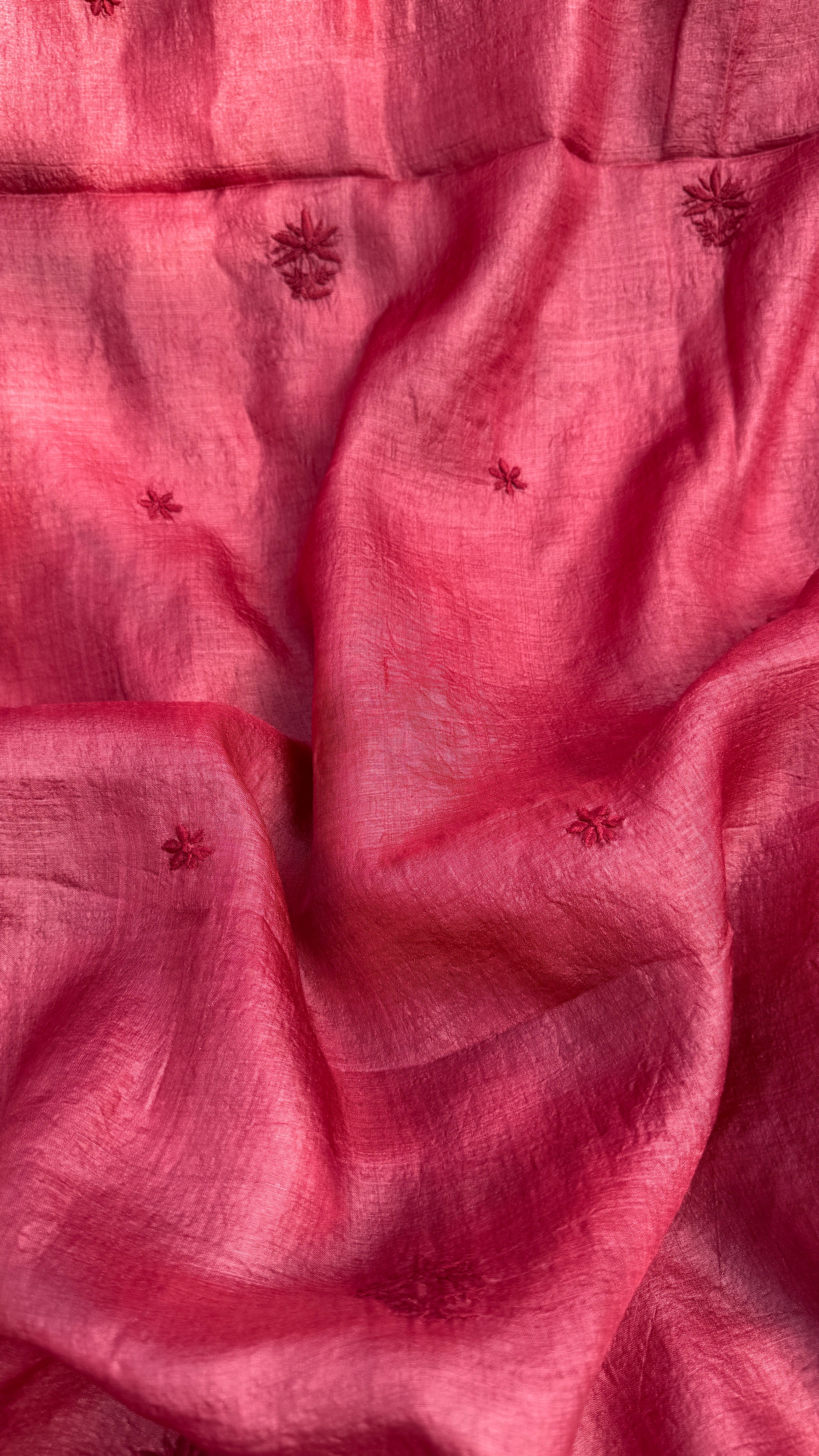 Pure Tussar Silk Chikankari Length with Dupatta - Maroon Red