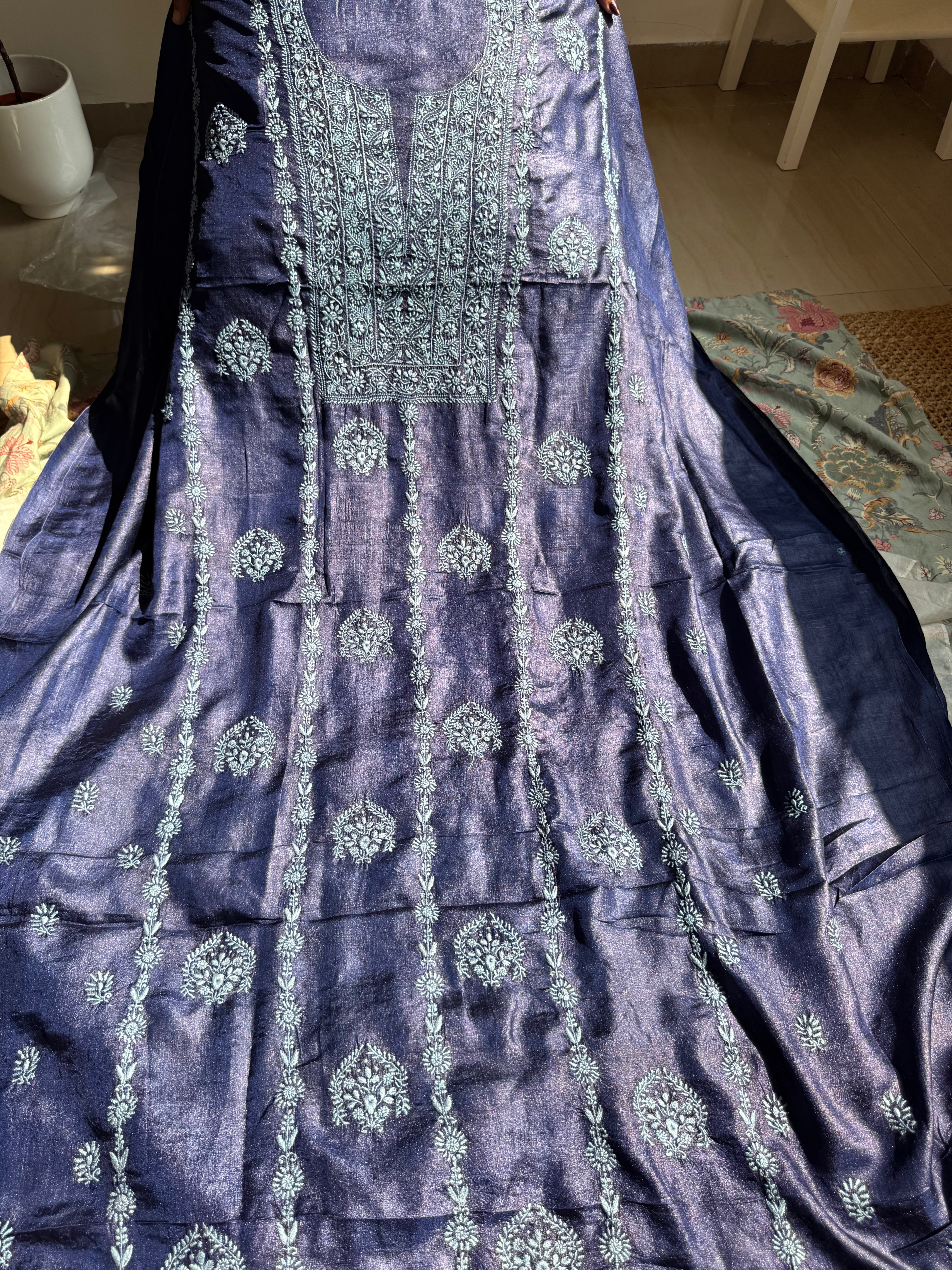 Pure Tussar Silk Chikankari Length with Dupatta - Purple ARIAA CHIKANKARI