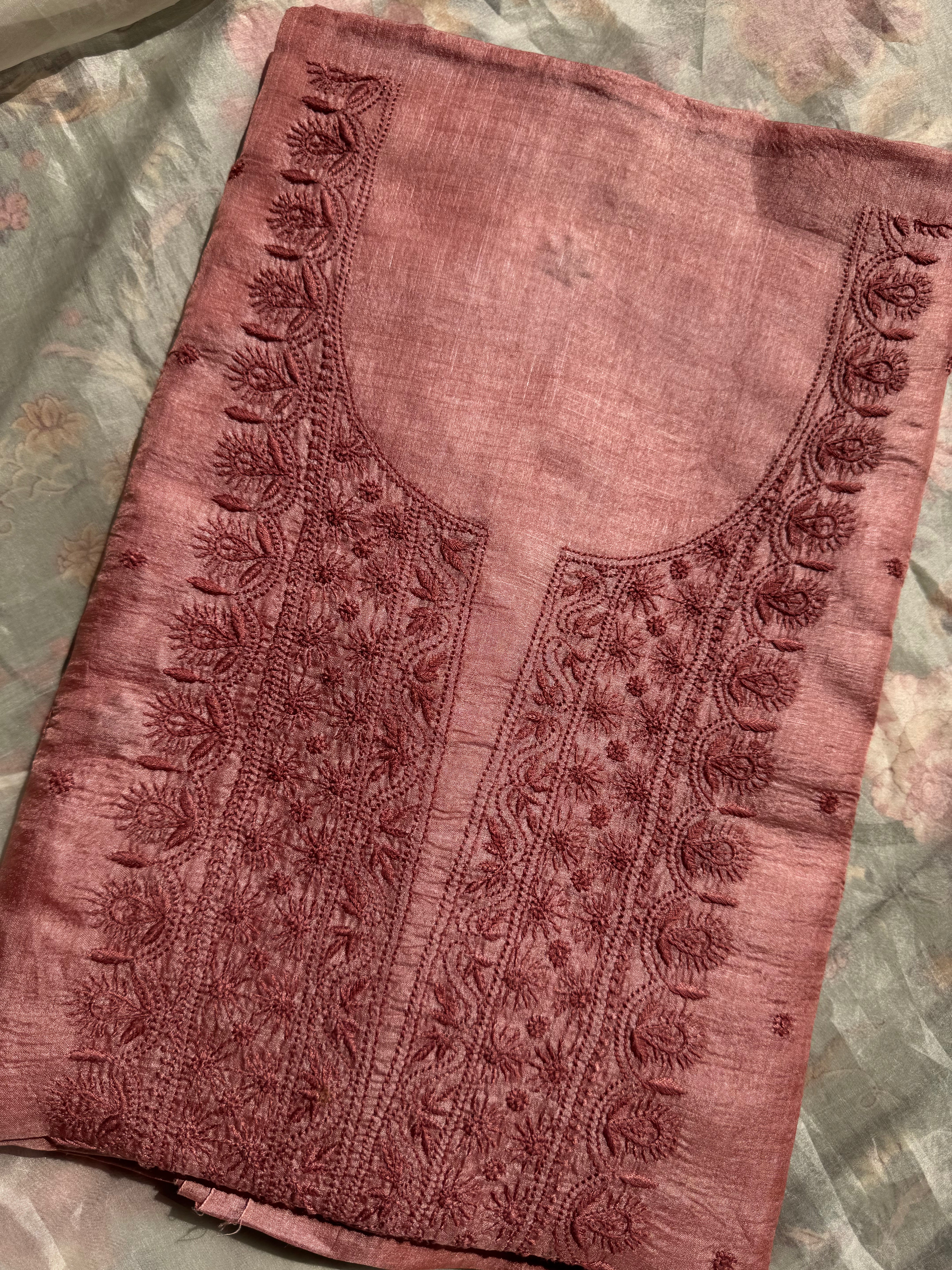 Pure Tussar Silk Chikankari Length with Dupatta - Rosewood ARIAA CHIKANKARI