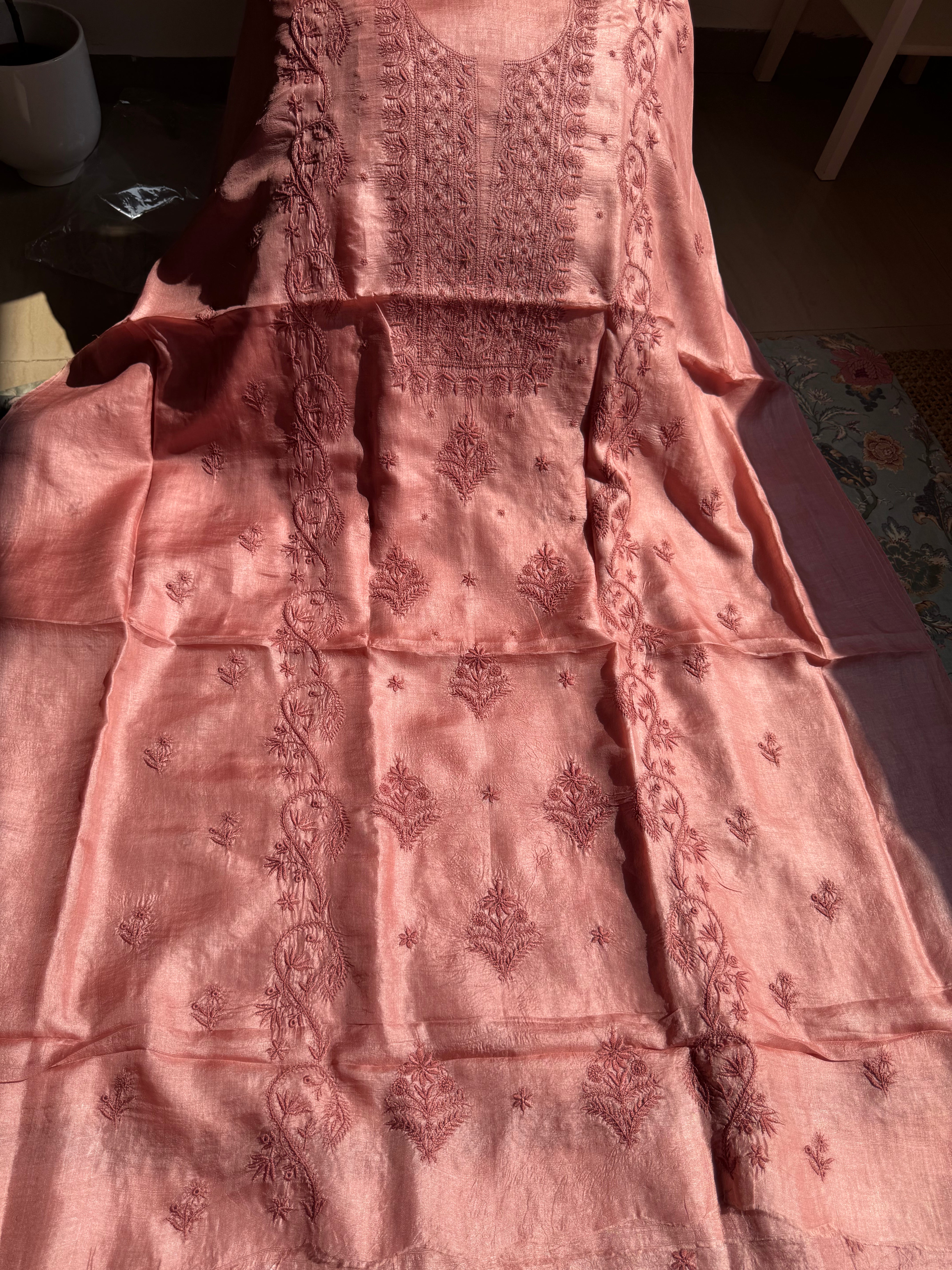 Pure Tussar Silk Chikankari Length with Dupatta - Rosewood ARIAA CHIKANKARI