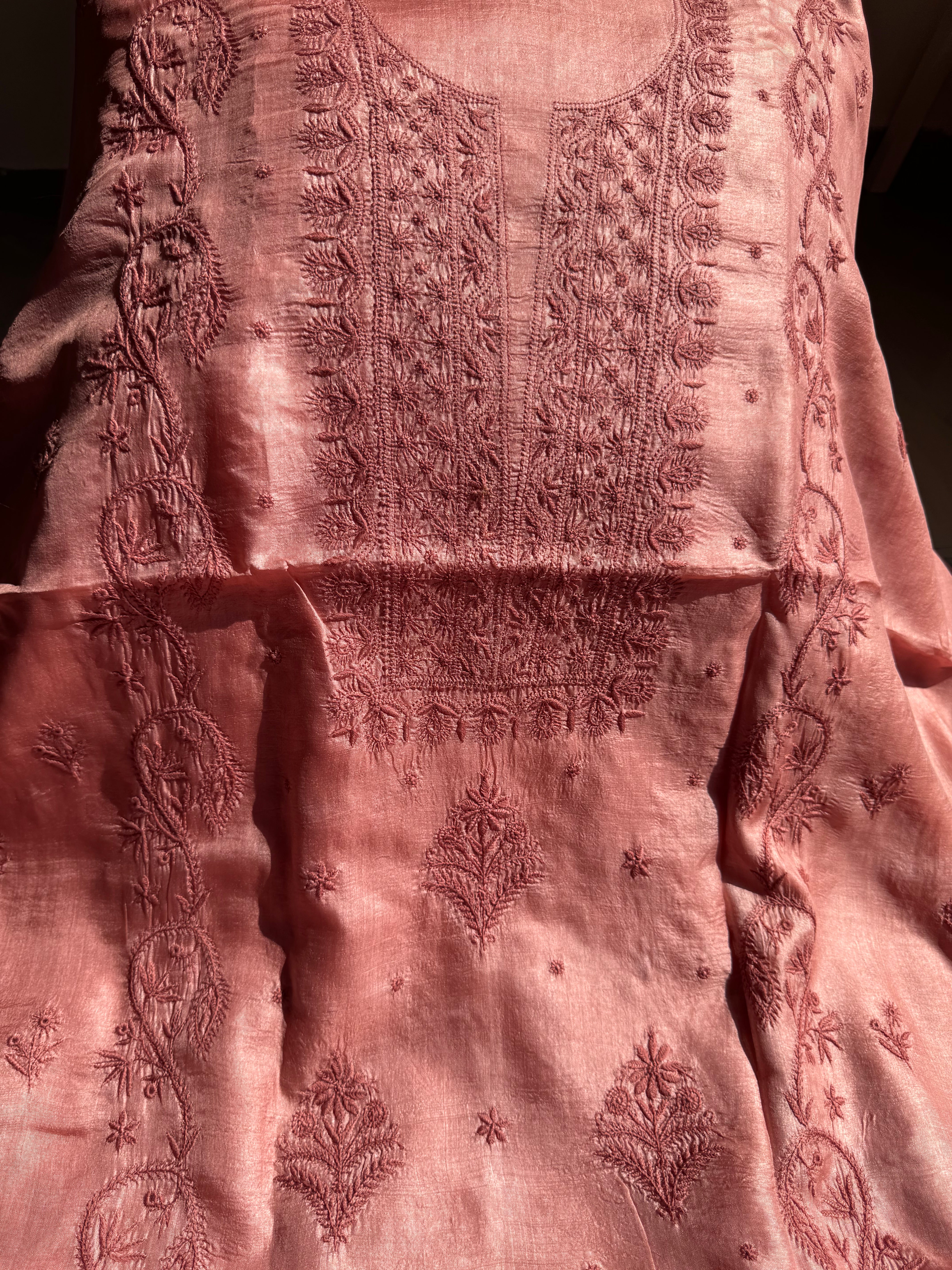 Pure Tussar Silk Chikankari Length with Dupatta - Rosewood ARIAA CHIKANKARI