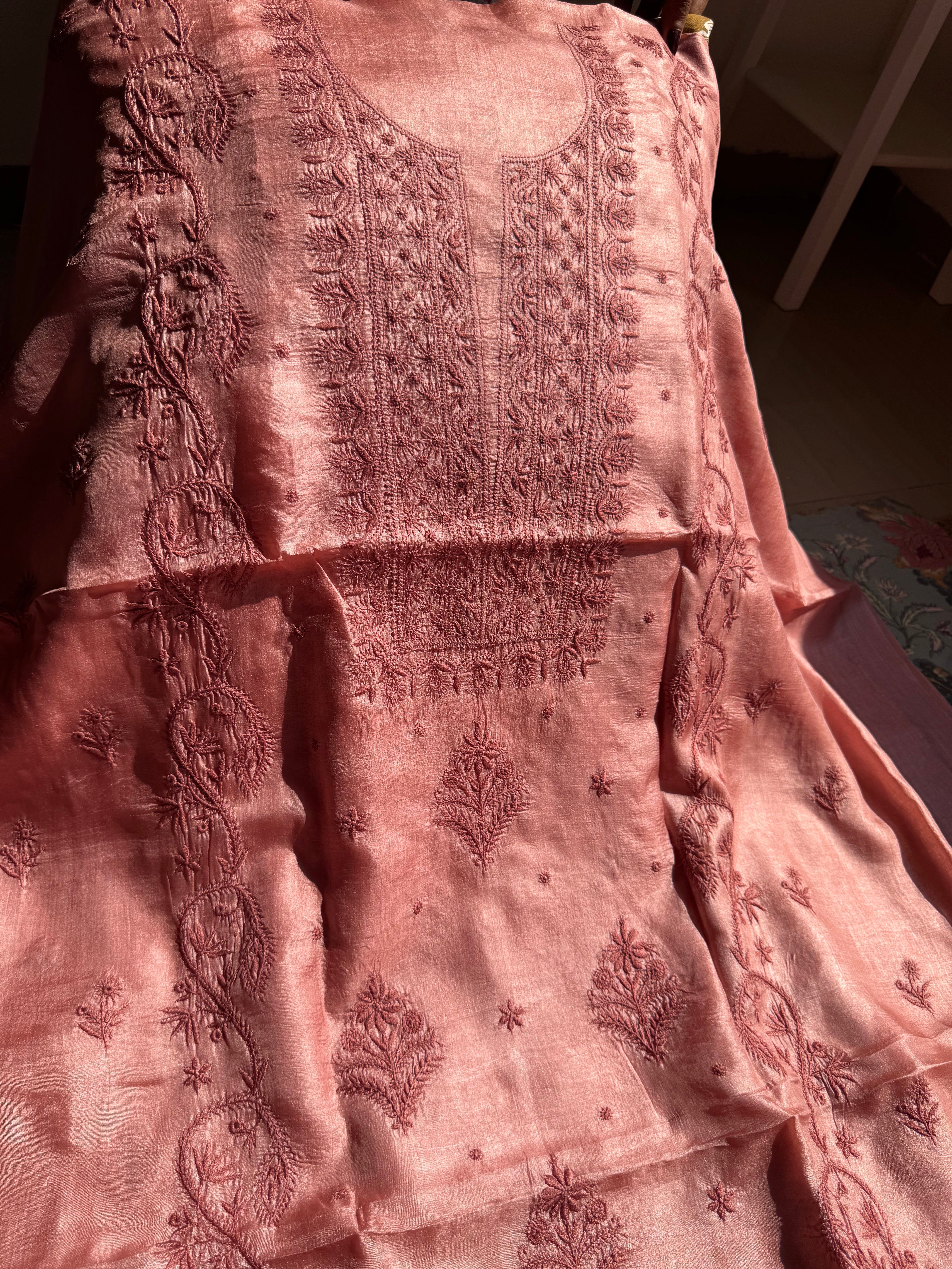 Pure Tussar Silk Chikankari Length with Dupatta - Rosewood ARIAA CHIKANKARI