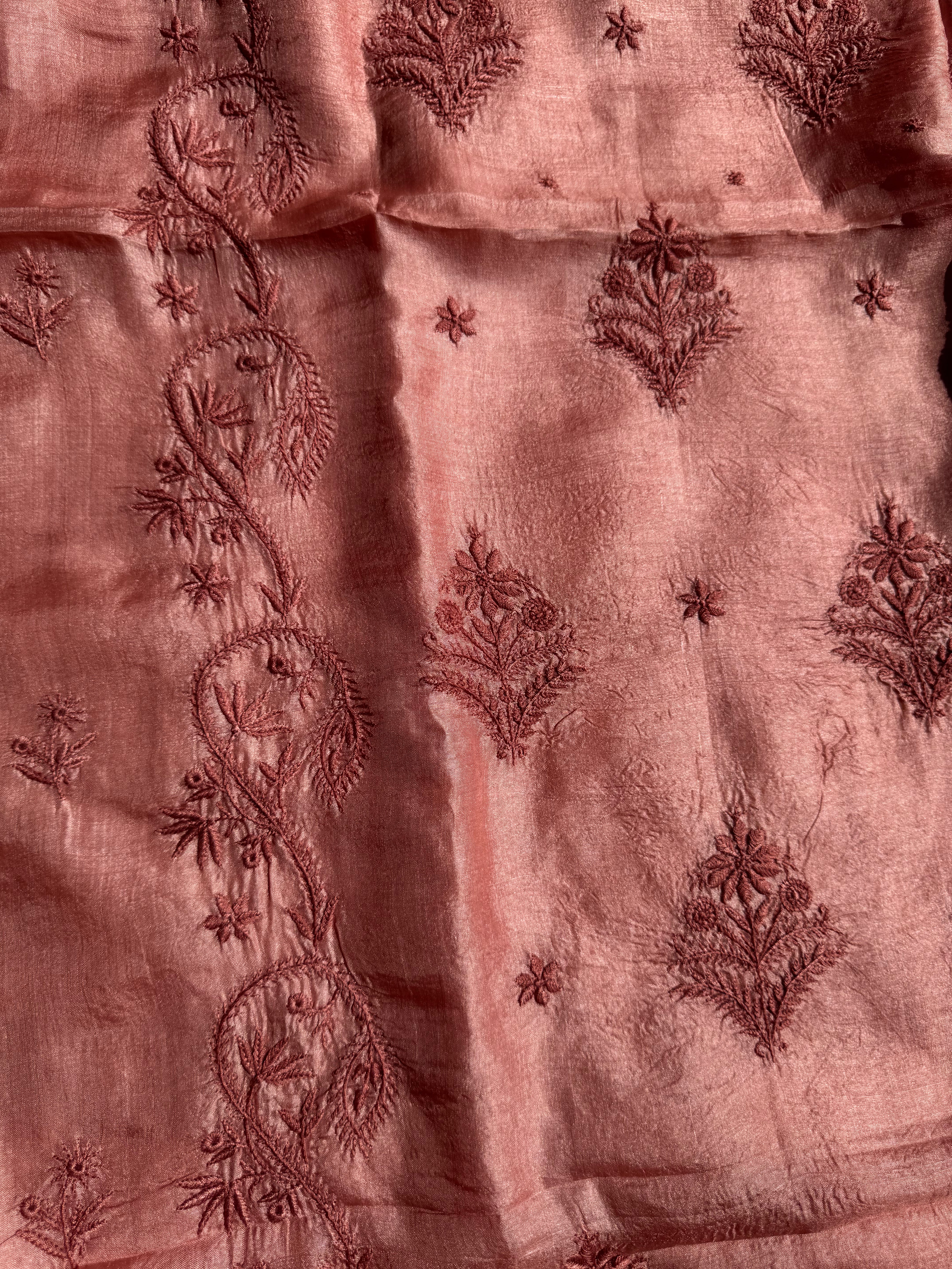 Pure Tussar Silk Chikankari Length with Dupatta - Rosewood ARIAA CHIKANKARI