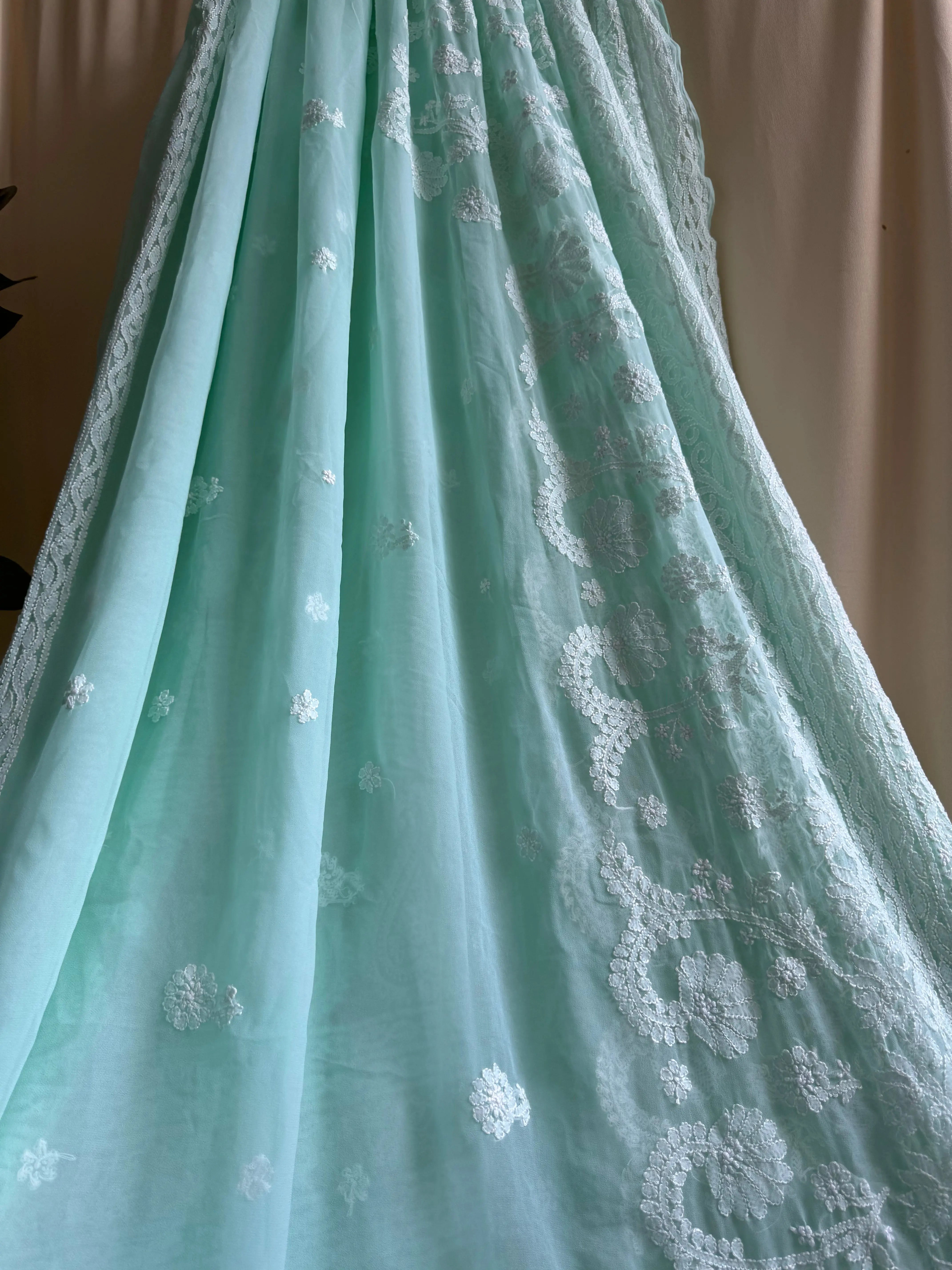 Georgette Chikankari saree in Green ARIAA CHIKANKARI