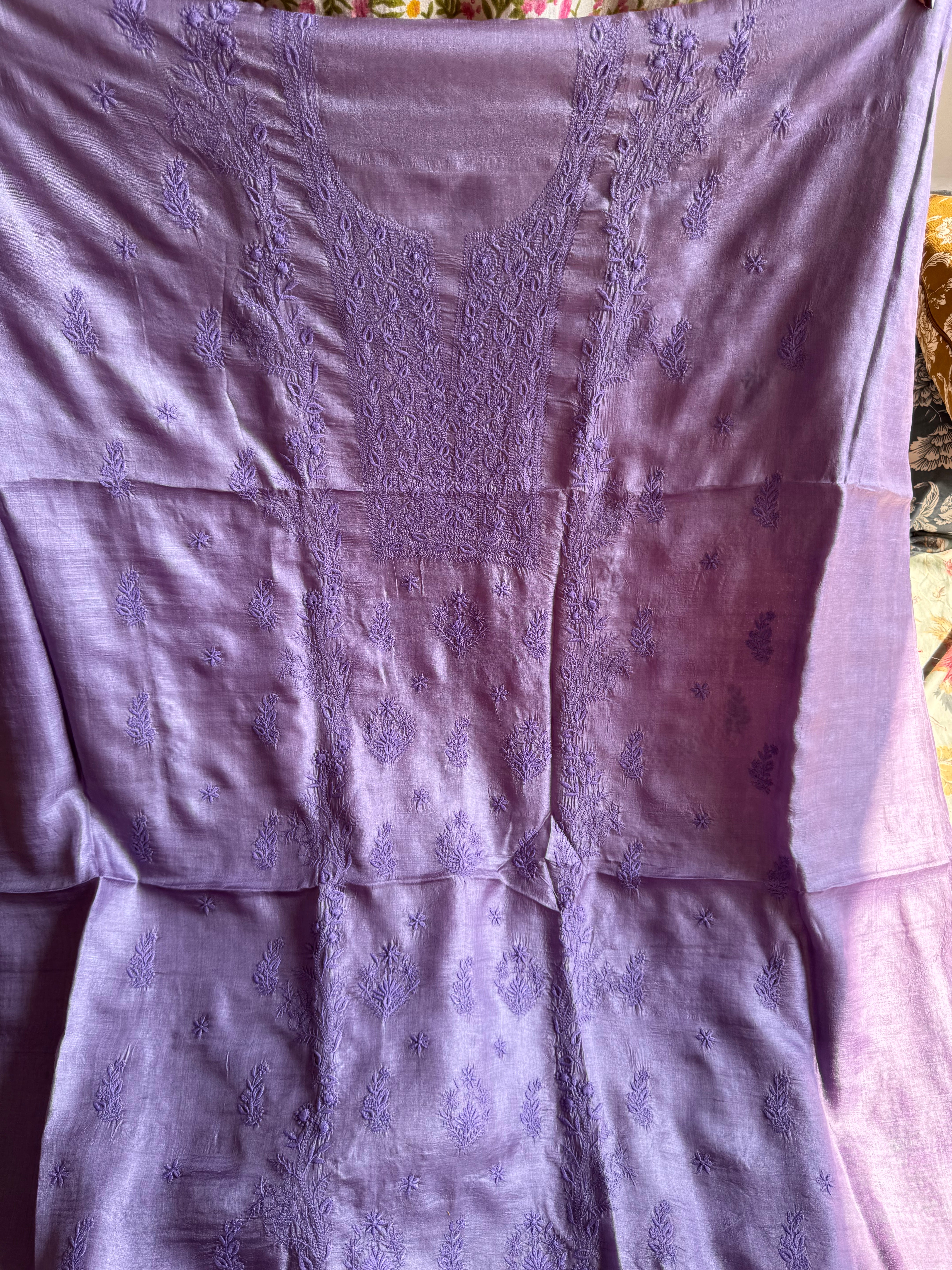 Pure Tussar Silk Chikankari Length with Dupatta - Purple ARIAA CHIKANKARI