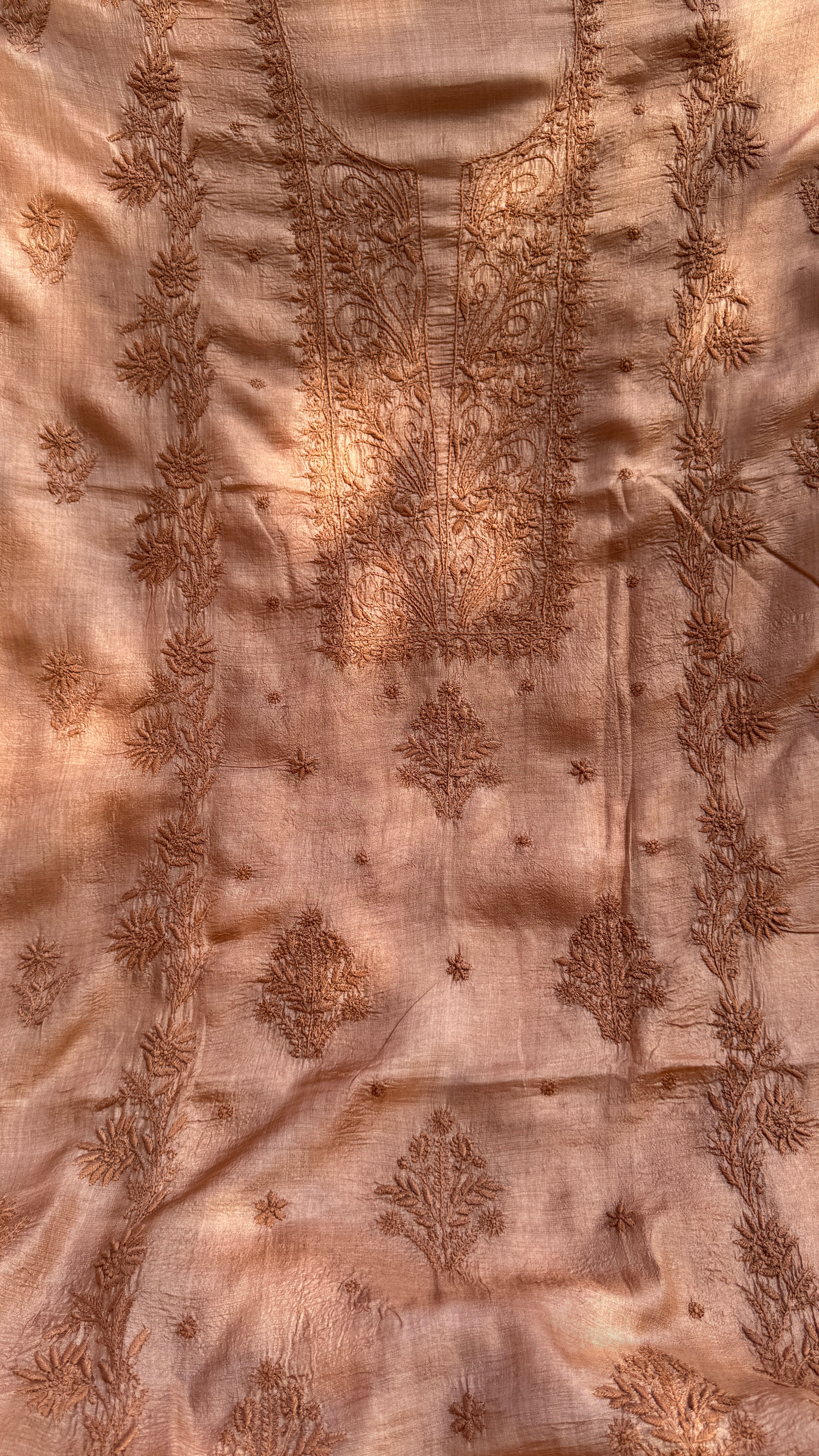 Pure Tussar Silk Chikankari Length with Dupatta - Soft Brown