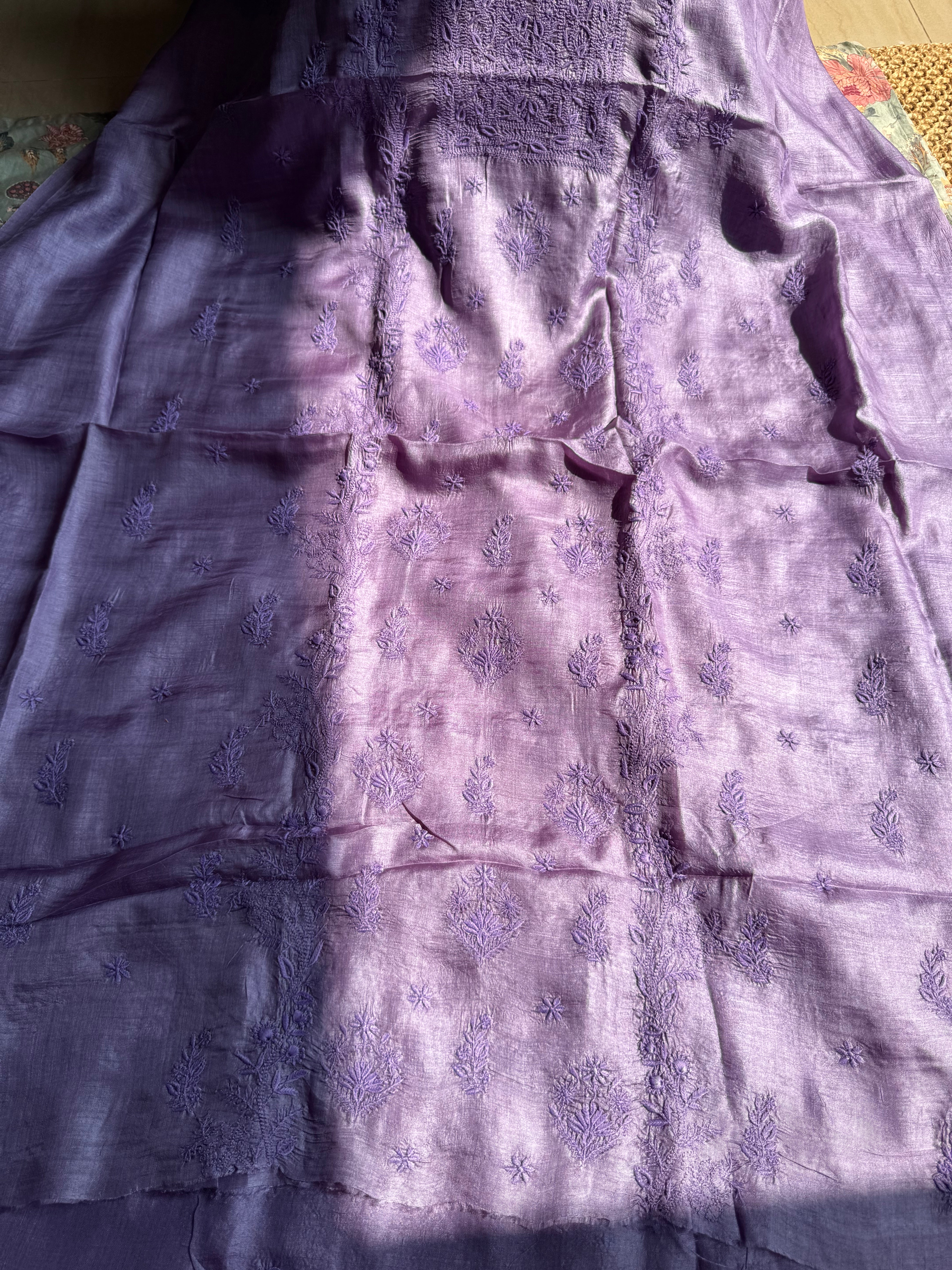 Pure Tussar Silk Chikankari Length with Dupatta - Purple ARIAA CHIKANKARI