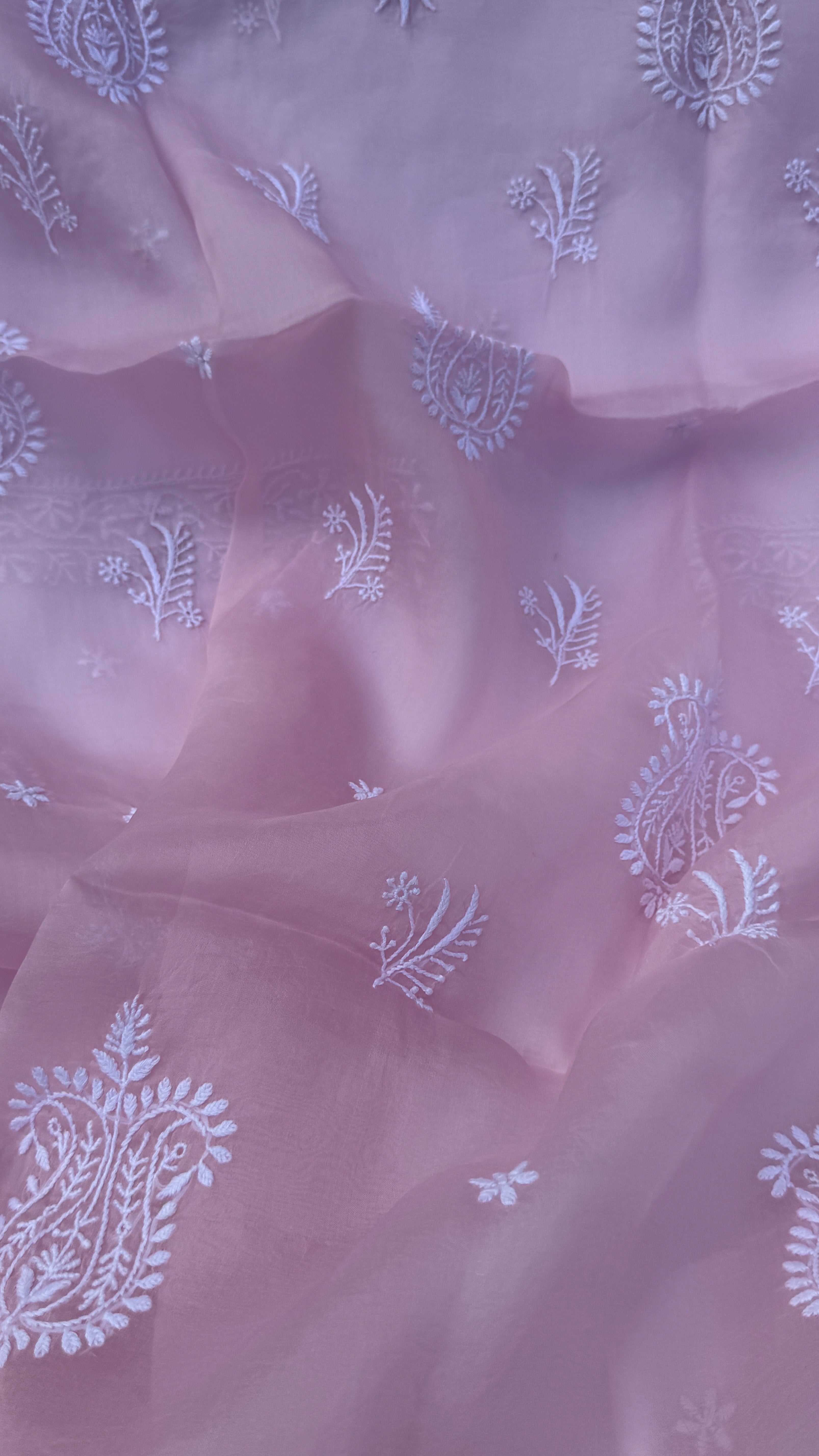 Pure Organza Lucknow Chikankari Unstitched Suit Set - Pink