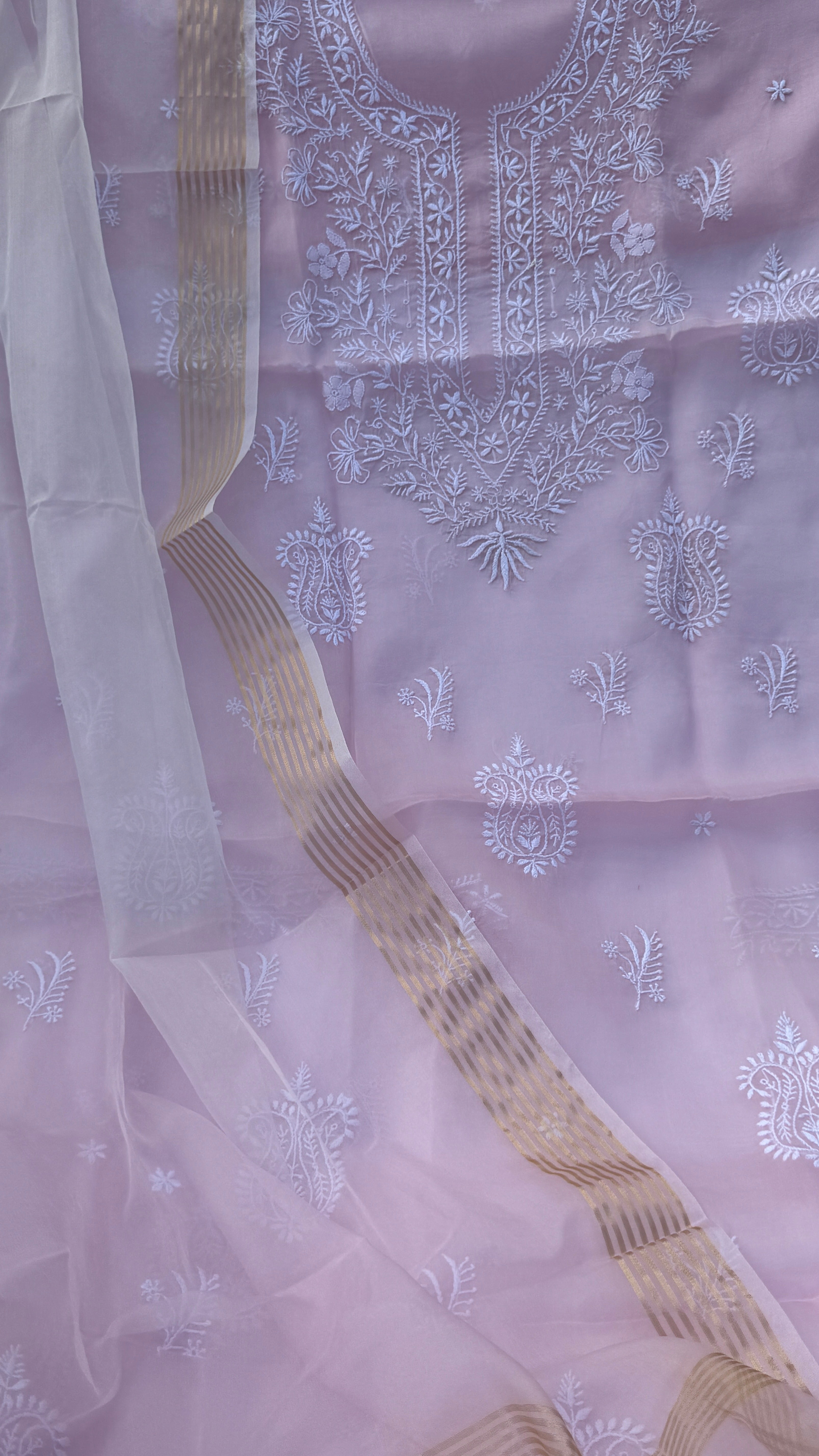 Pure Organza Lucknow Chikankari Unstitched Suit Set - Pink