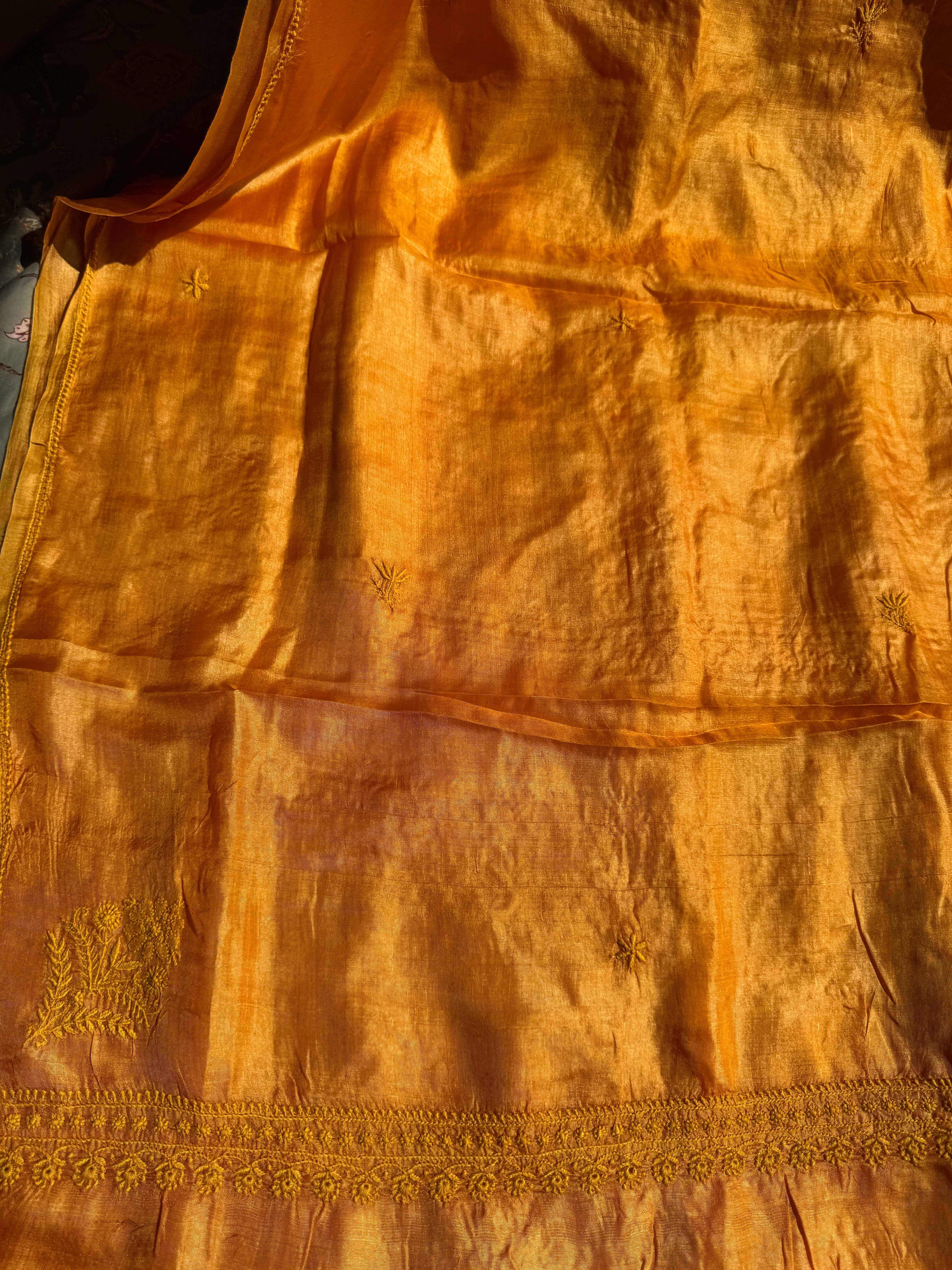 Pure Tussar Silk Chikankari Length with Dupatta - Mustard yellow ARIAA CHIKANKARI