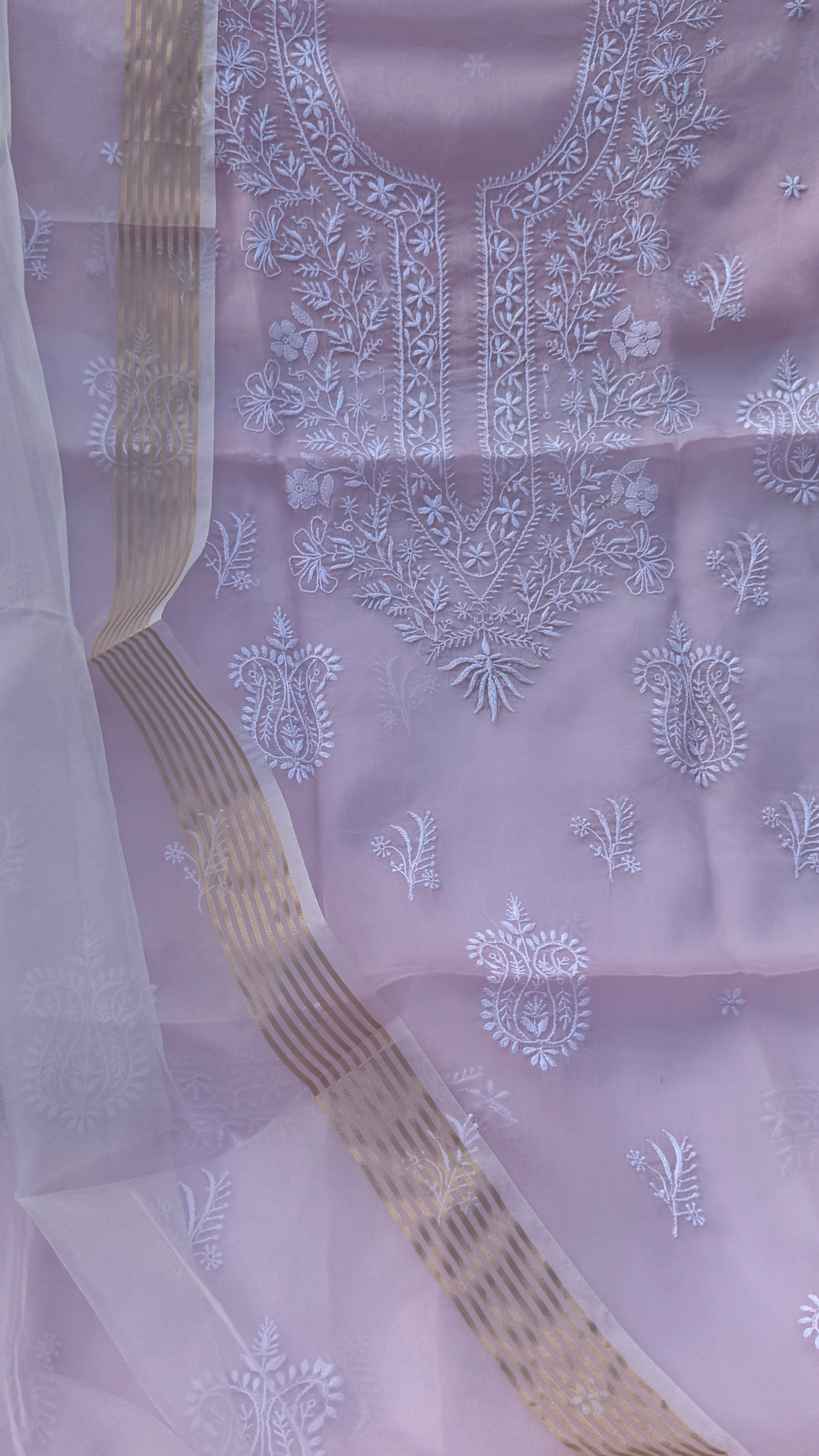 Pure Organza Lucknow Chikankari Unstitched Suit Set - Pink
