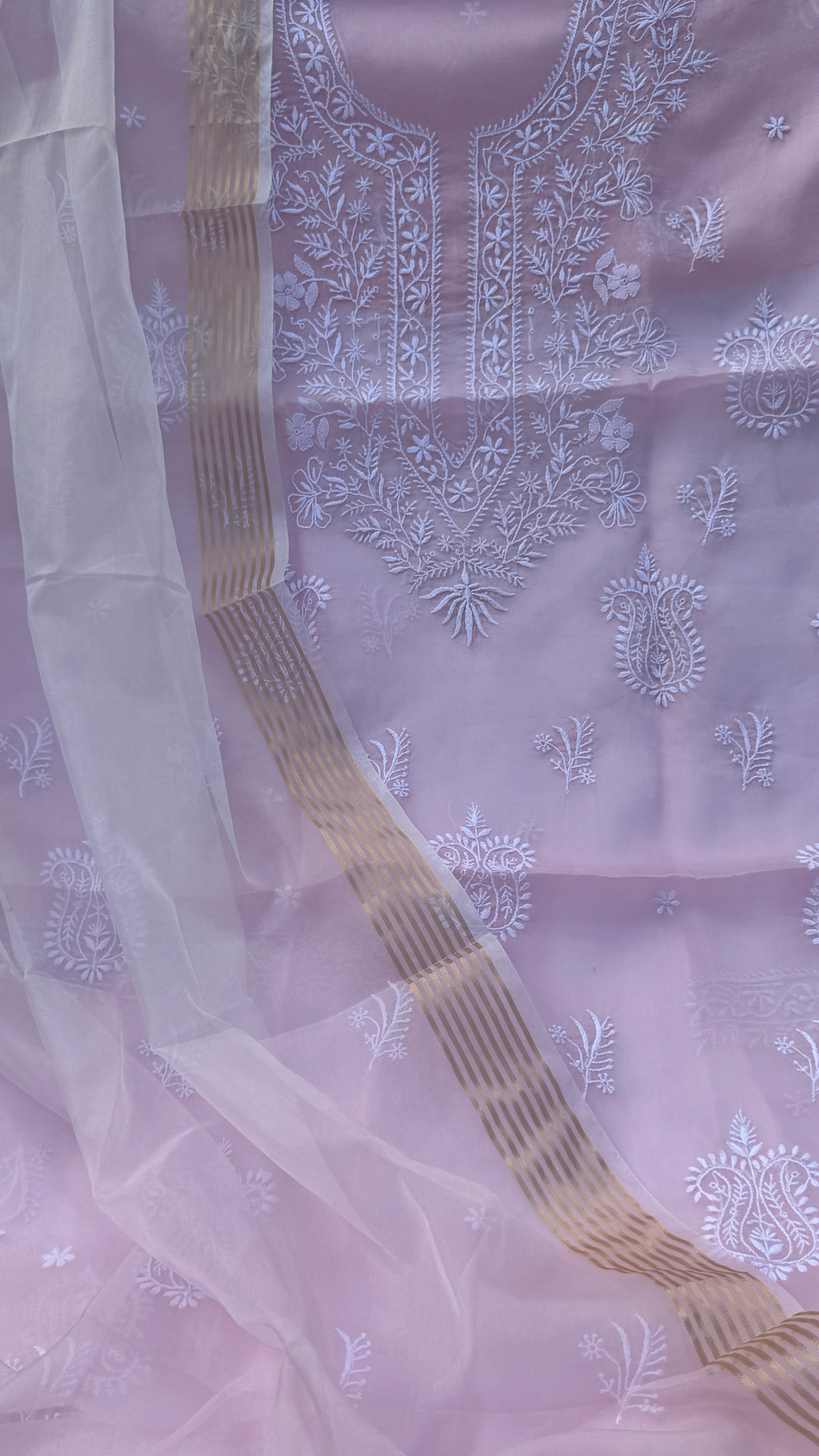 Pure Organza Lucknow Chikankari Unstitched Suit Set - Pink