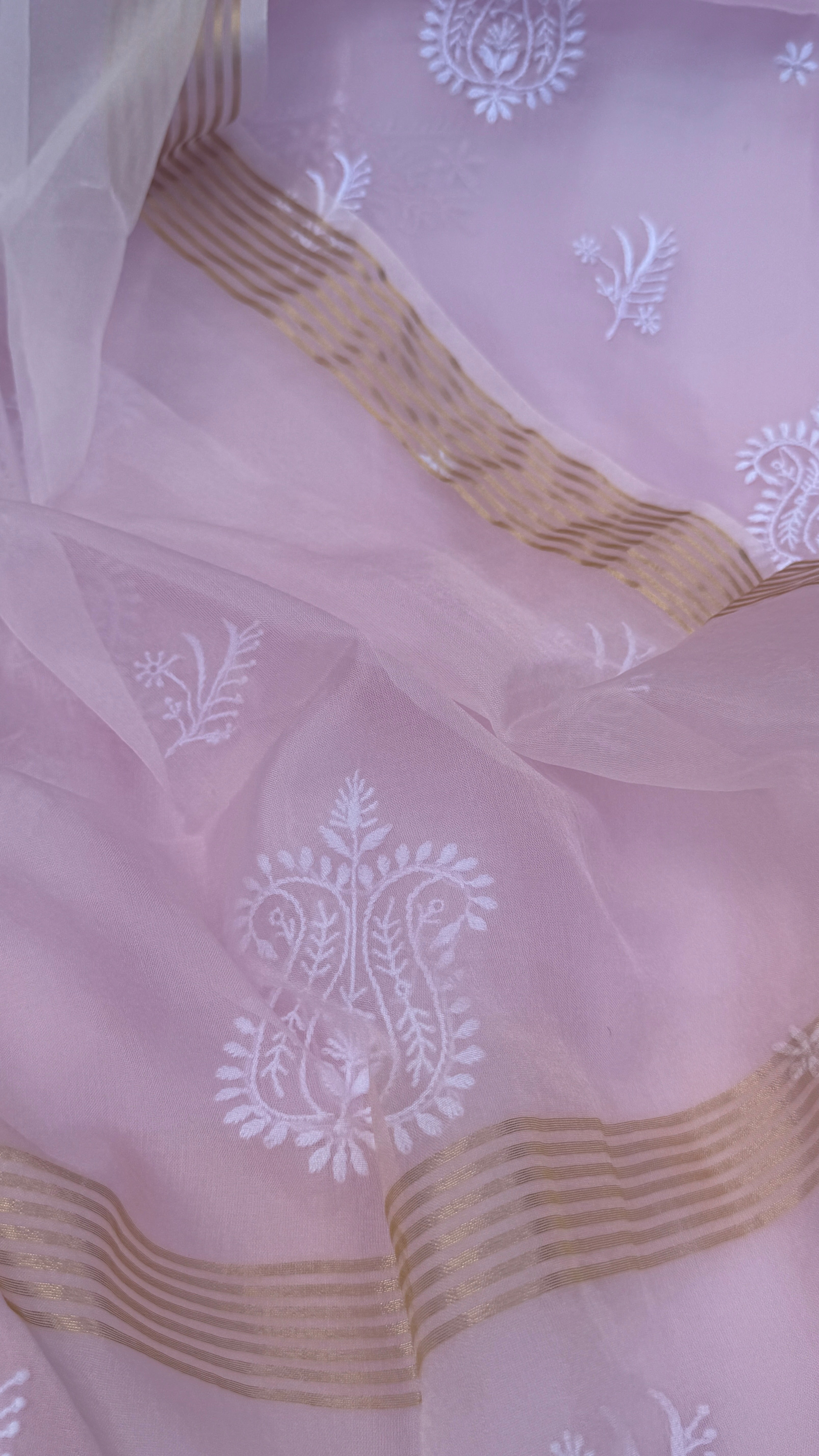 Pure Organza Lucknow Chikankari Unstitched Suit Set - Pink