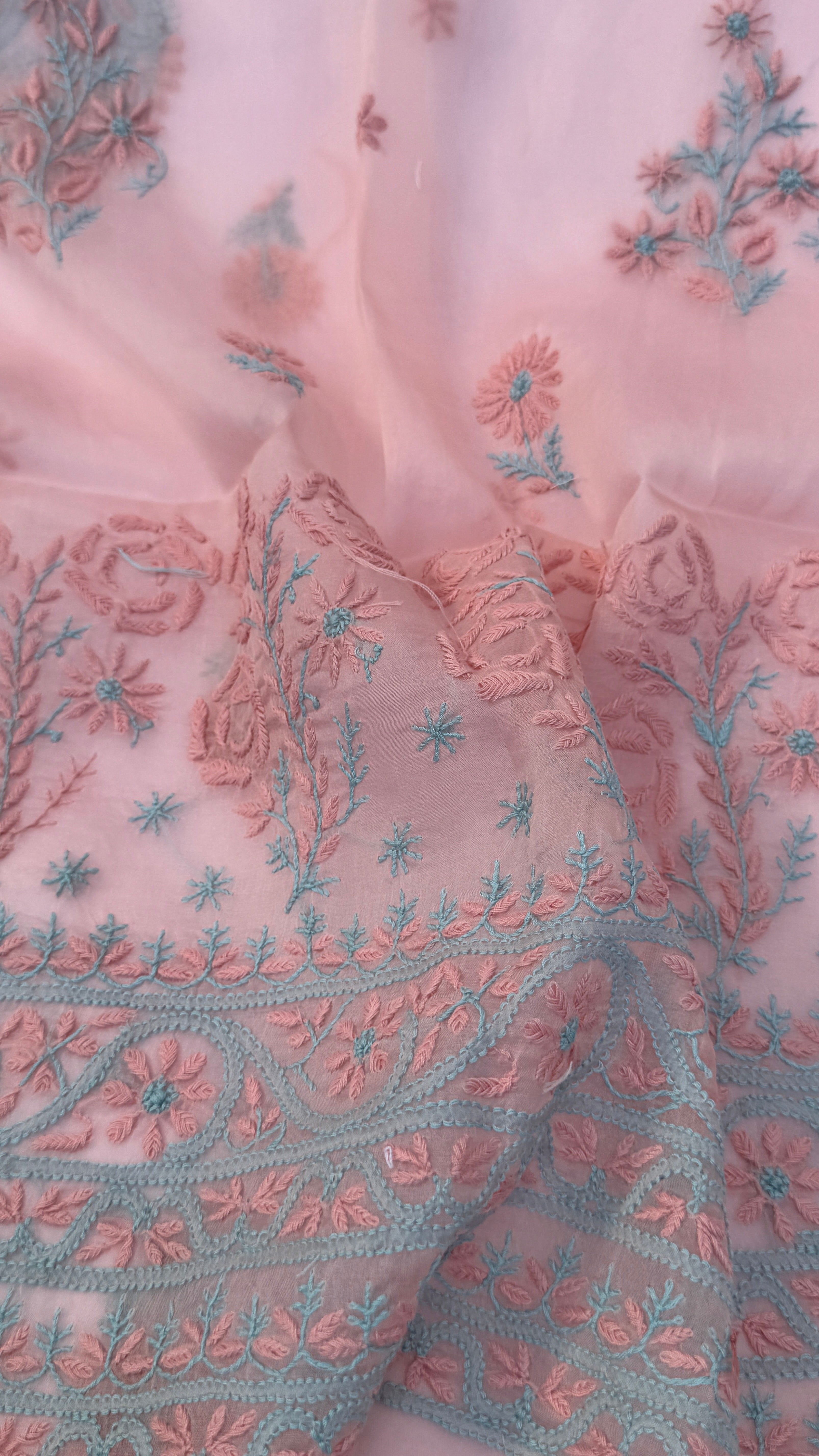 Pure Organza Lucknow Chikankari Unstitched Suit Set -Peach Pink