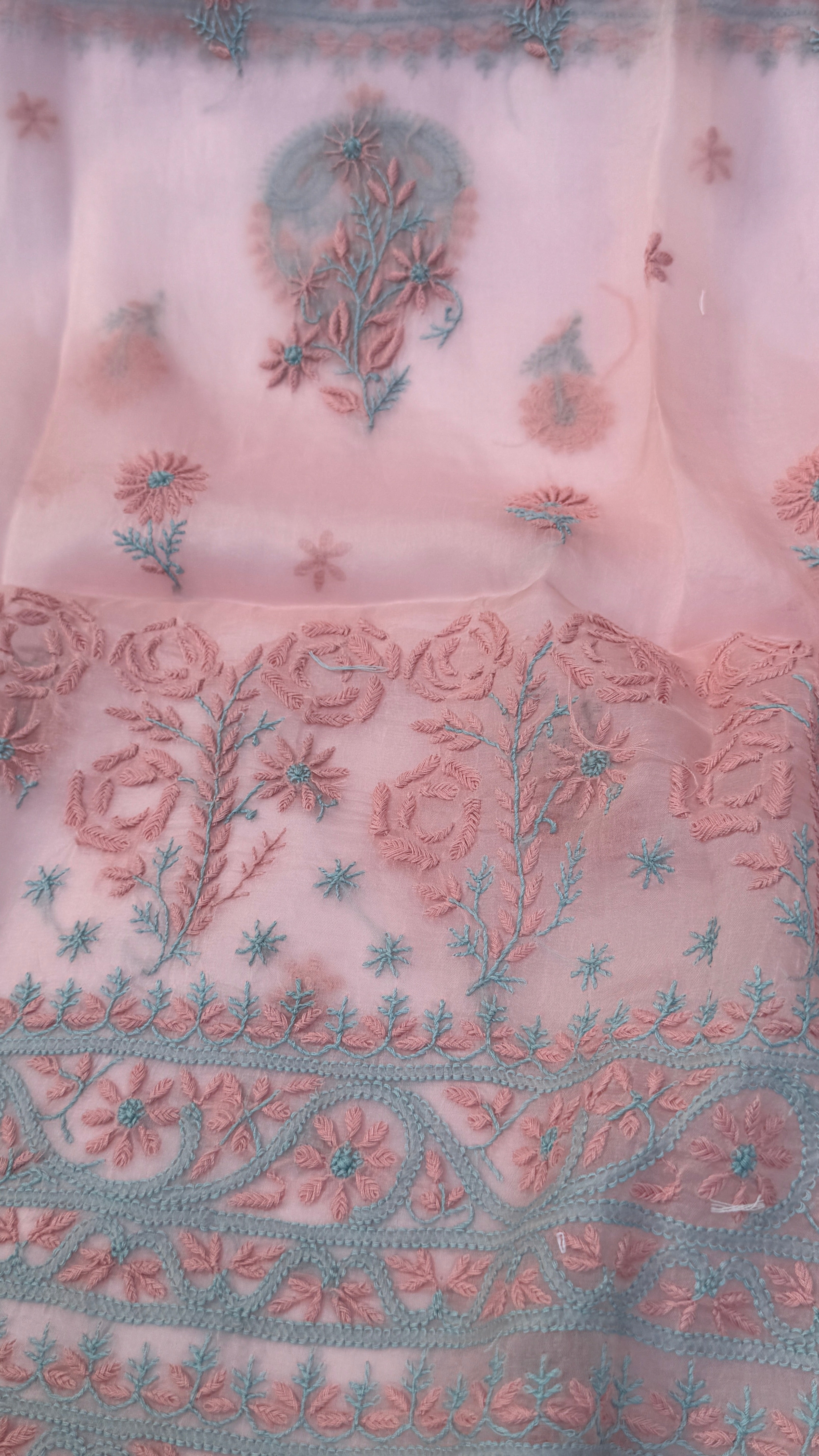 Pure Organza Lucknow Chikankari Unstitched Suit Set -Peach Pink
