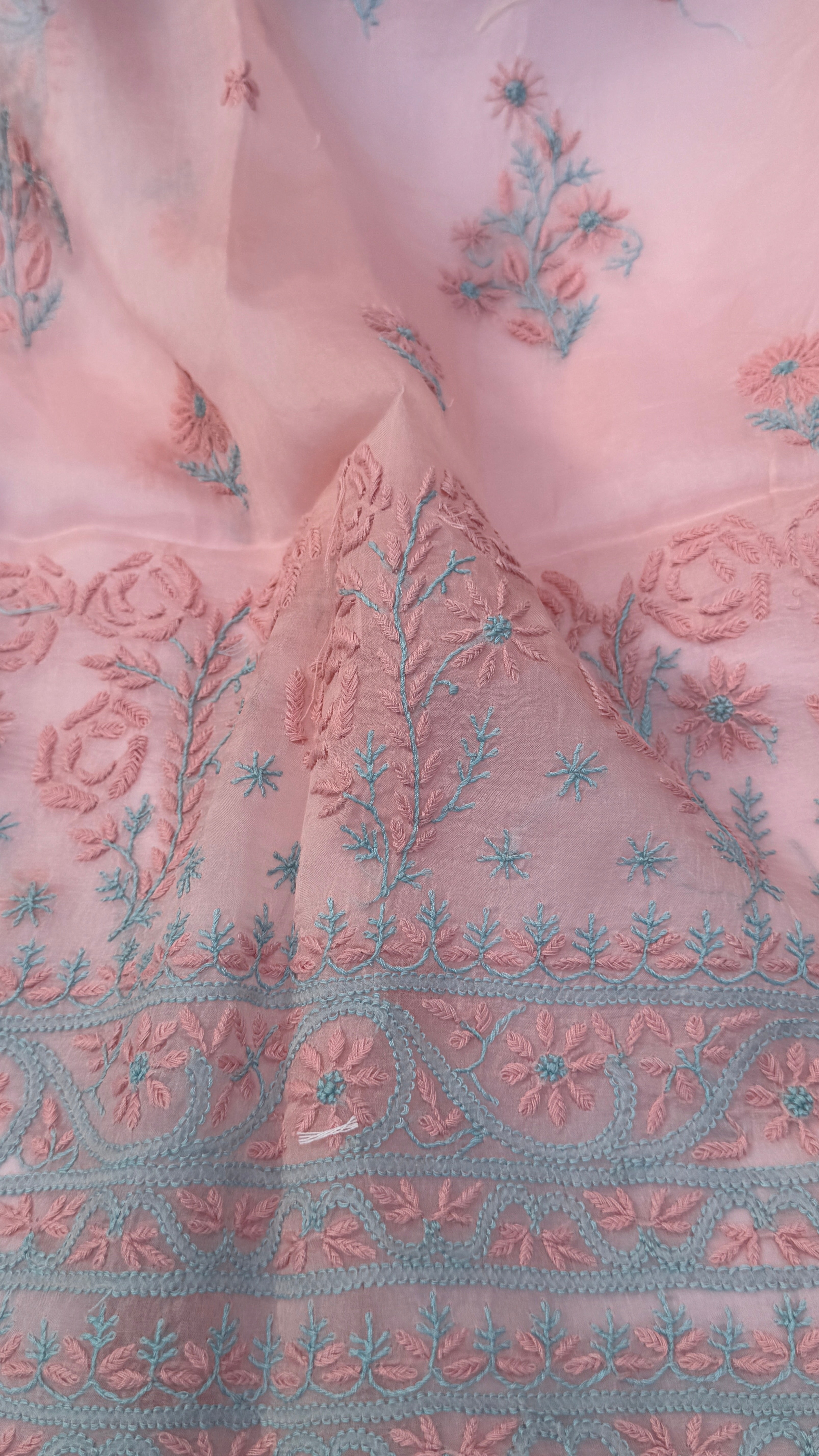 Pure Organza Lucknow Chikankari Unstitched Suit Set -Peach Pink