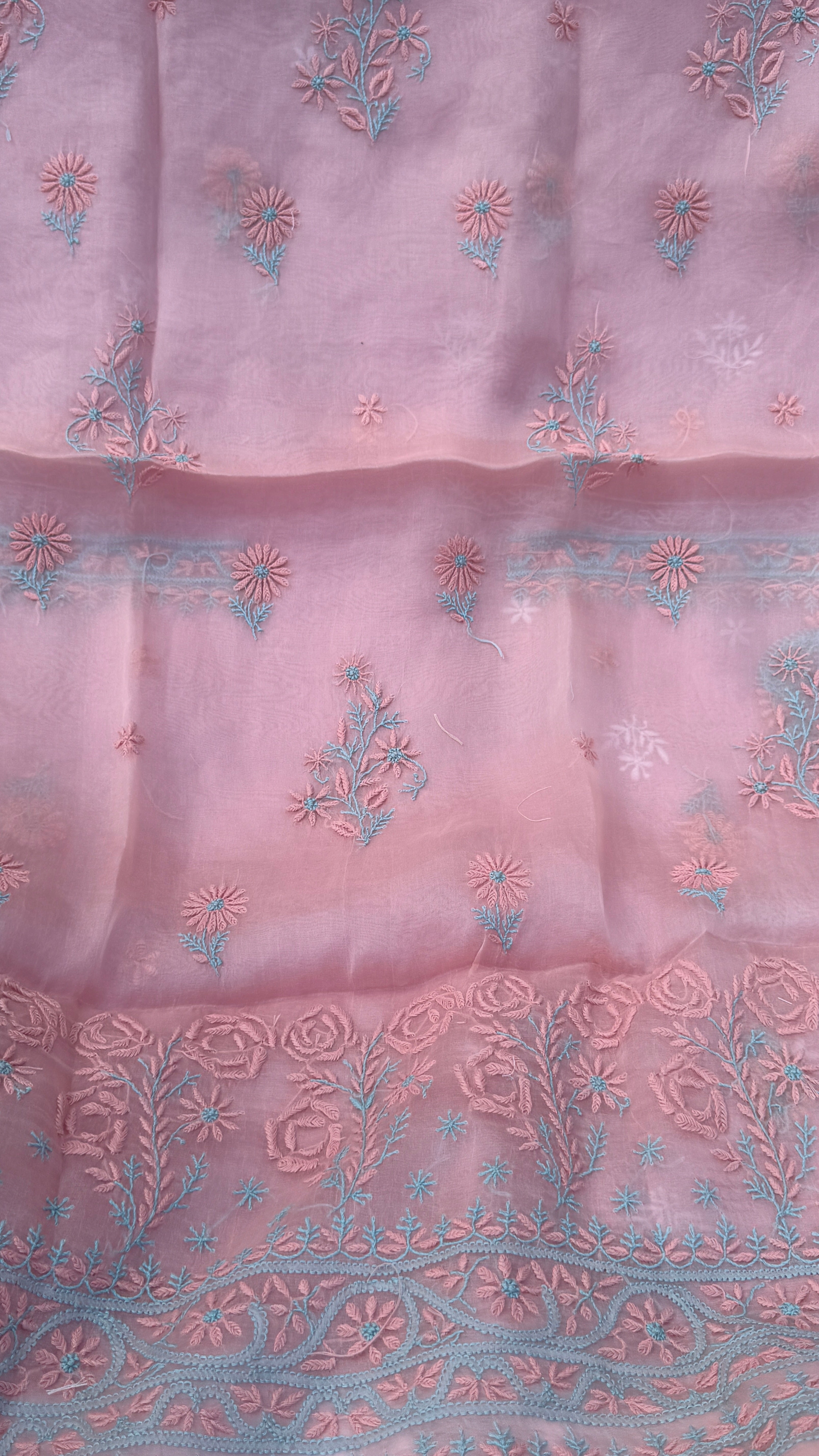 Pure Organza Lucknow Chikankari Unstitched Suit Set -Peach Pink