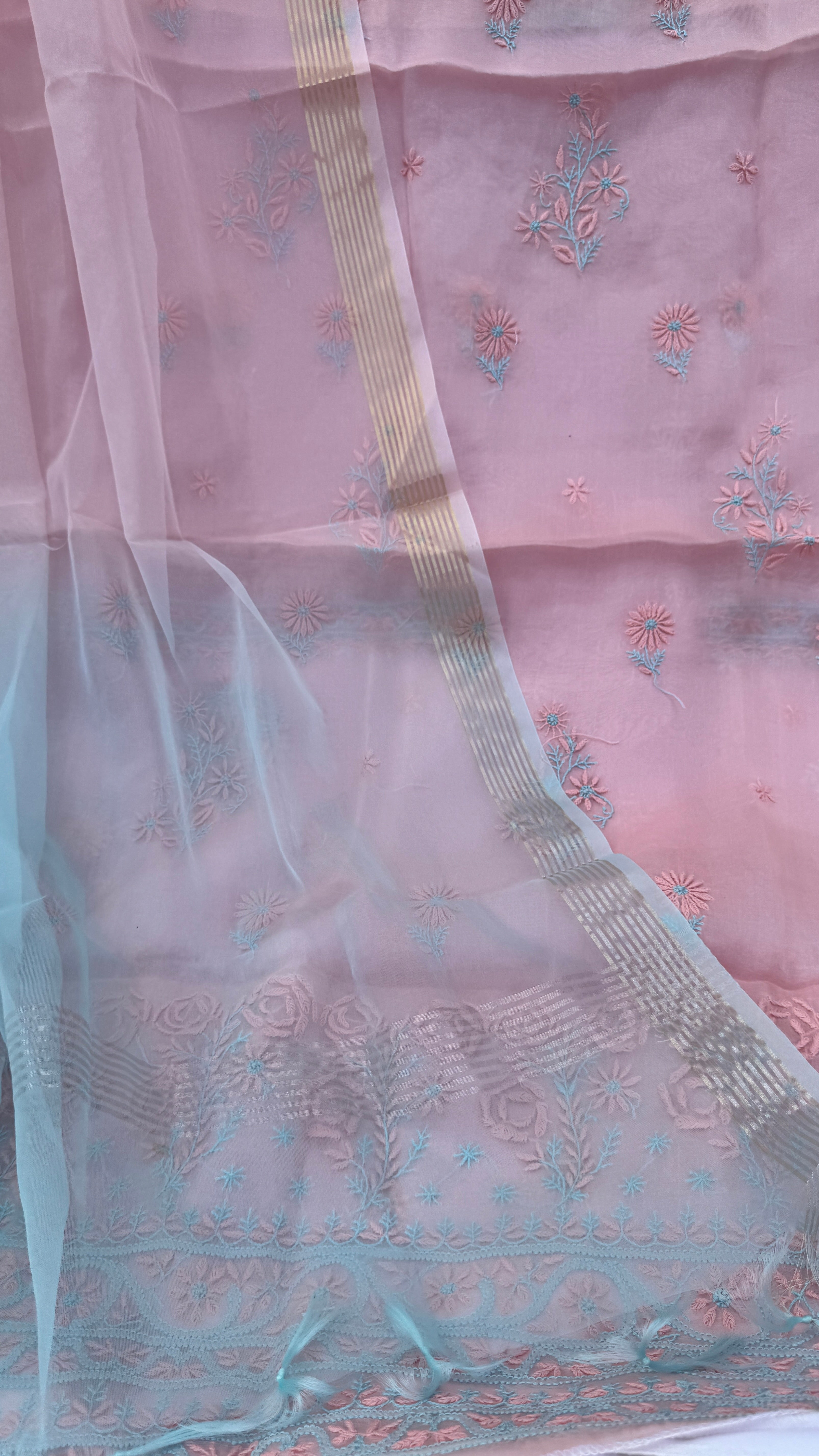 Pure Organza Lucknow Chikankari Unstitched Suit Set -Peach Pink