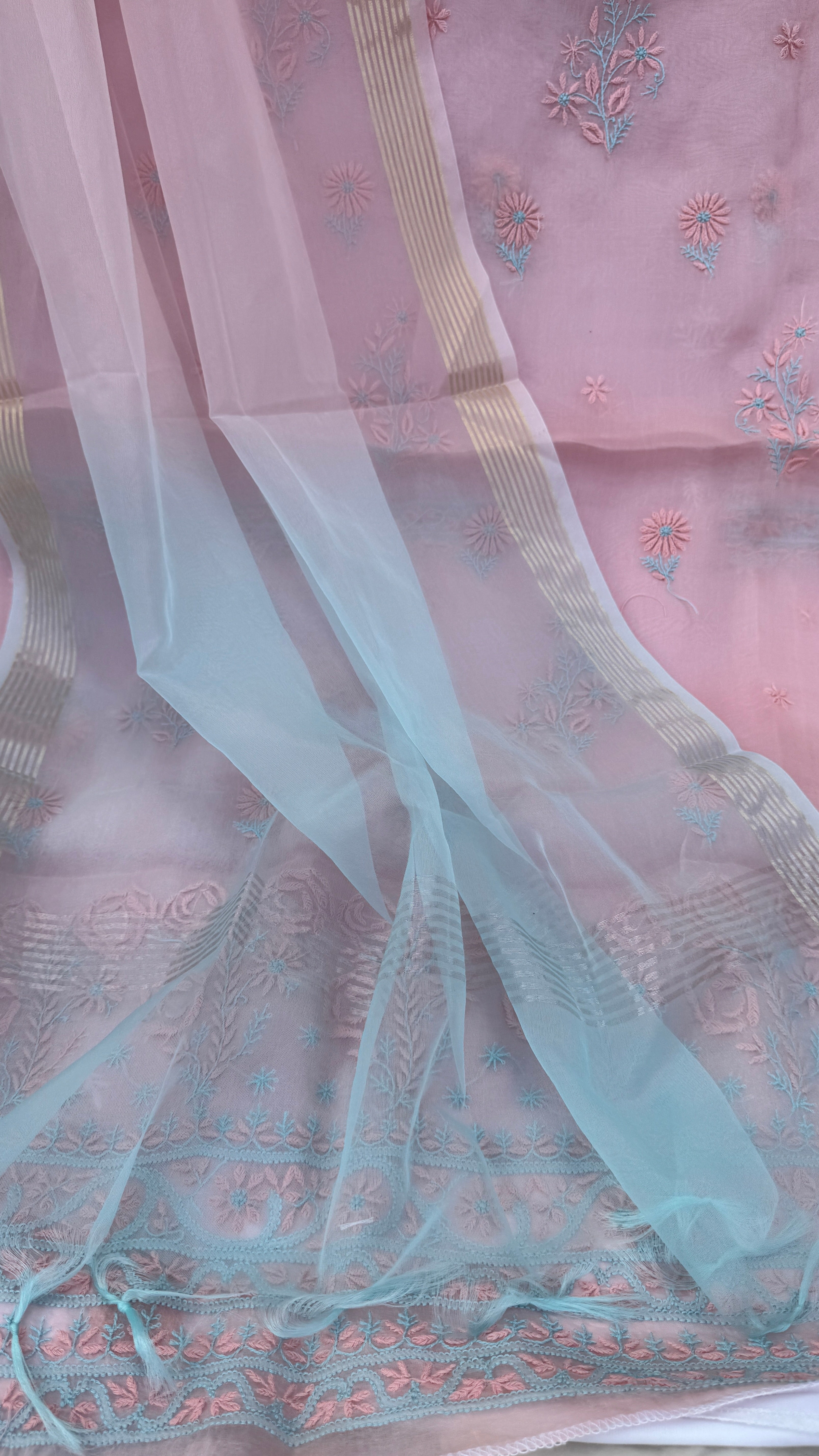 Pure Organza Lucknow Chikankari Unstitched Suit Set -Peach Pink