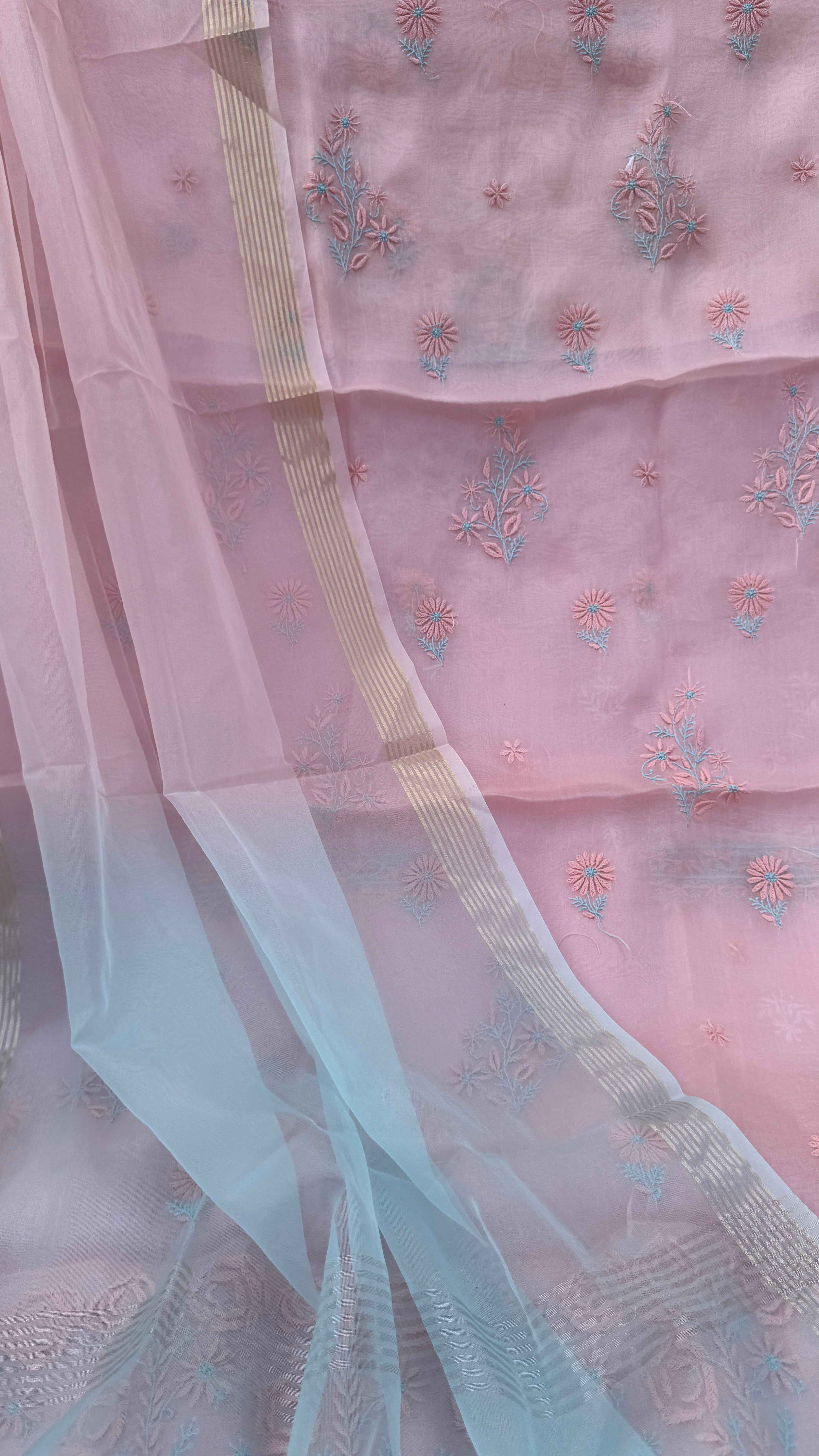 Pure Organza Lucknow Chikankari Unstitched Suit Set -Peach Pink