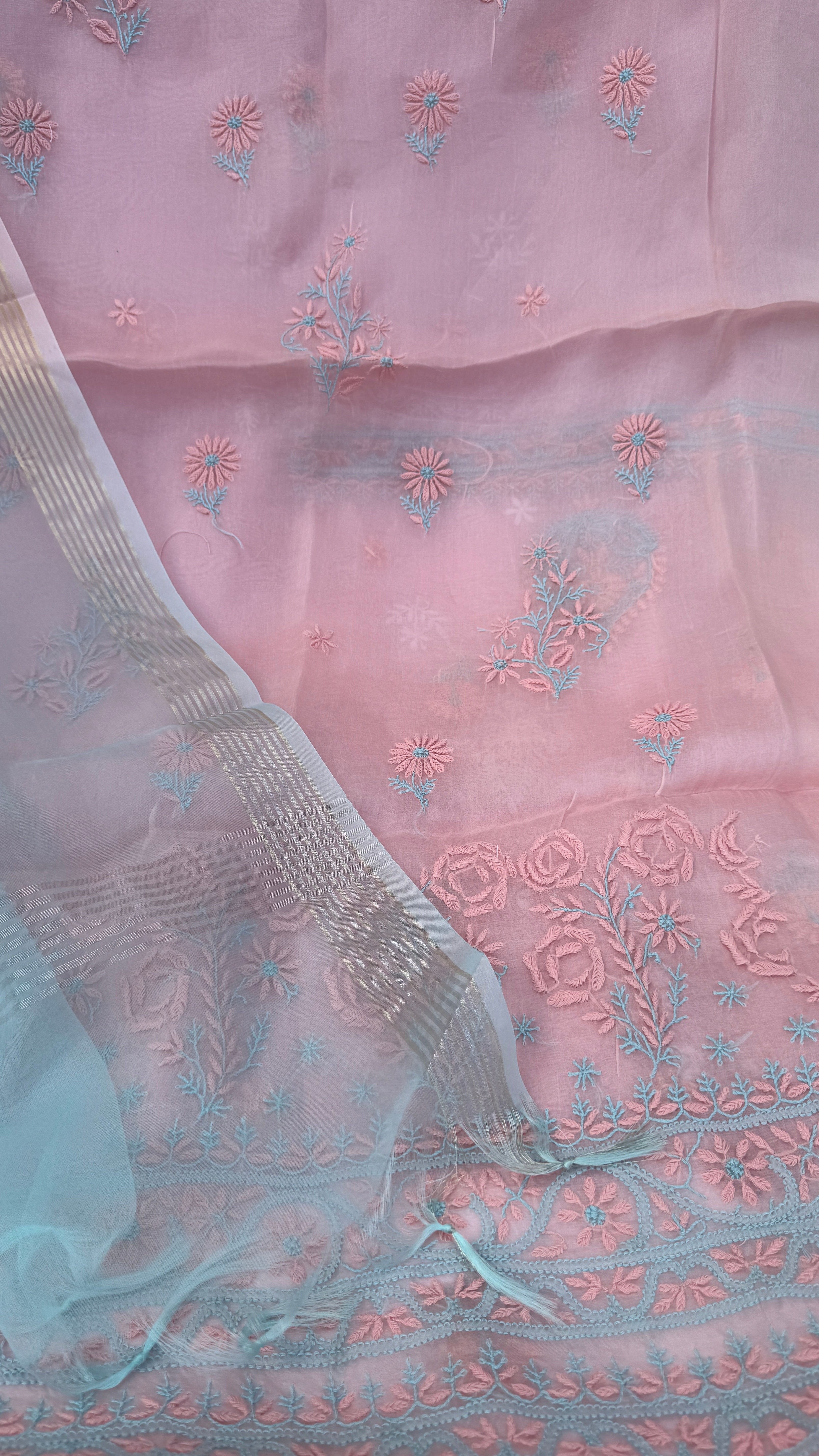 Pure Organza Lucknow Chikankari Unstitched Suit Set -Peach Pink