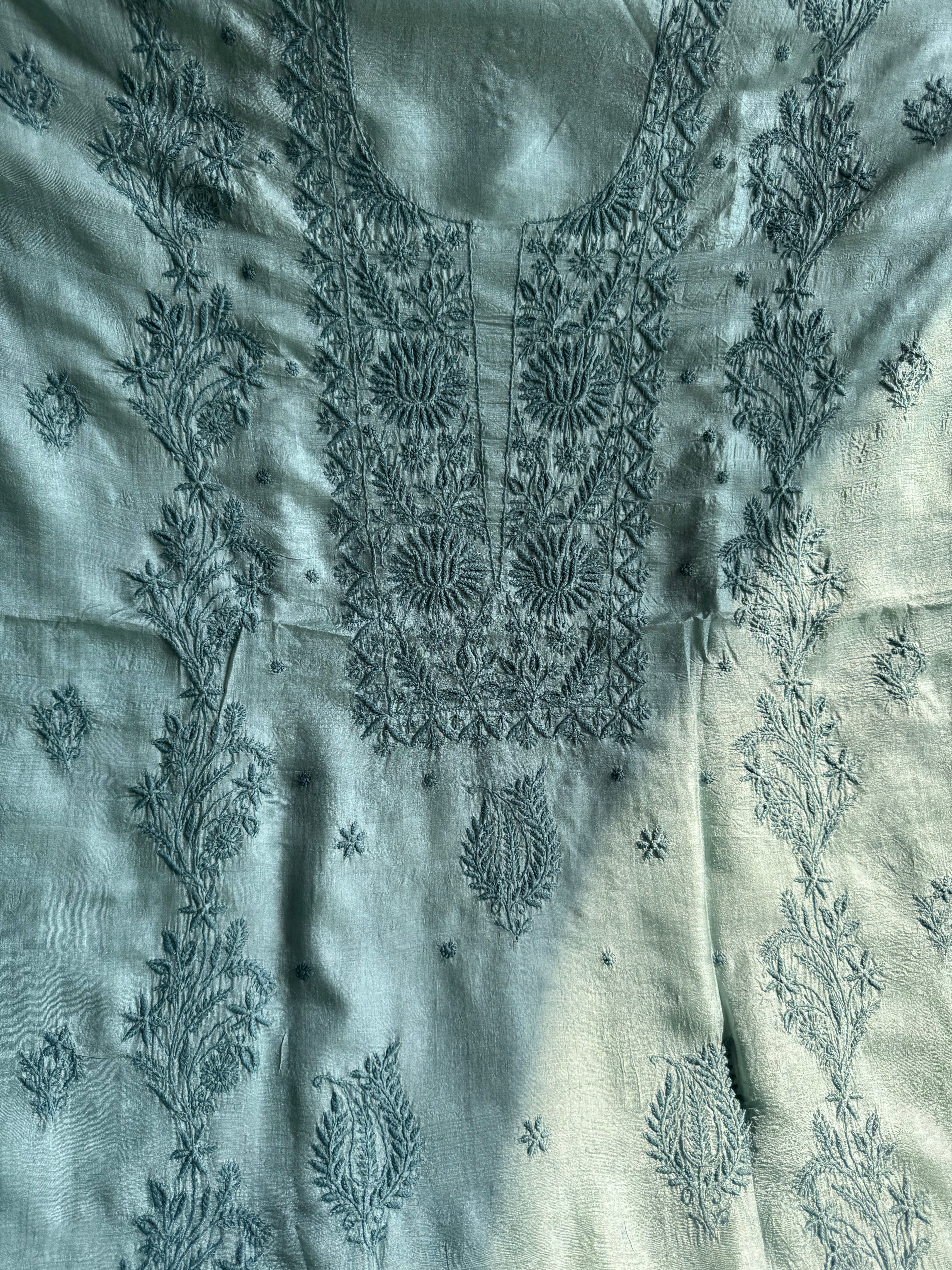 Pure Tussar Silk Chikankari Length with Dupatta - Teal Green ARIAA CHIKANKARI