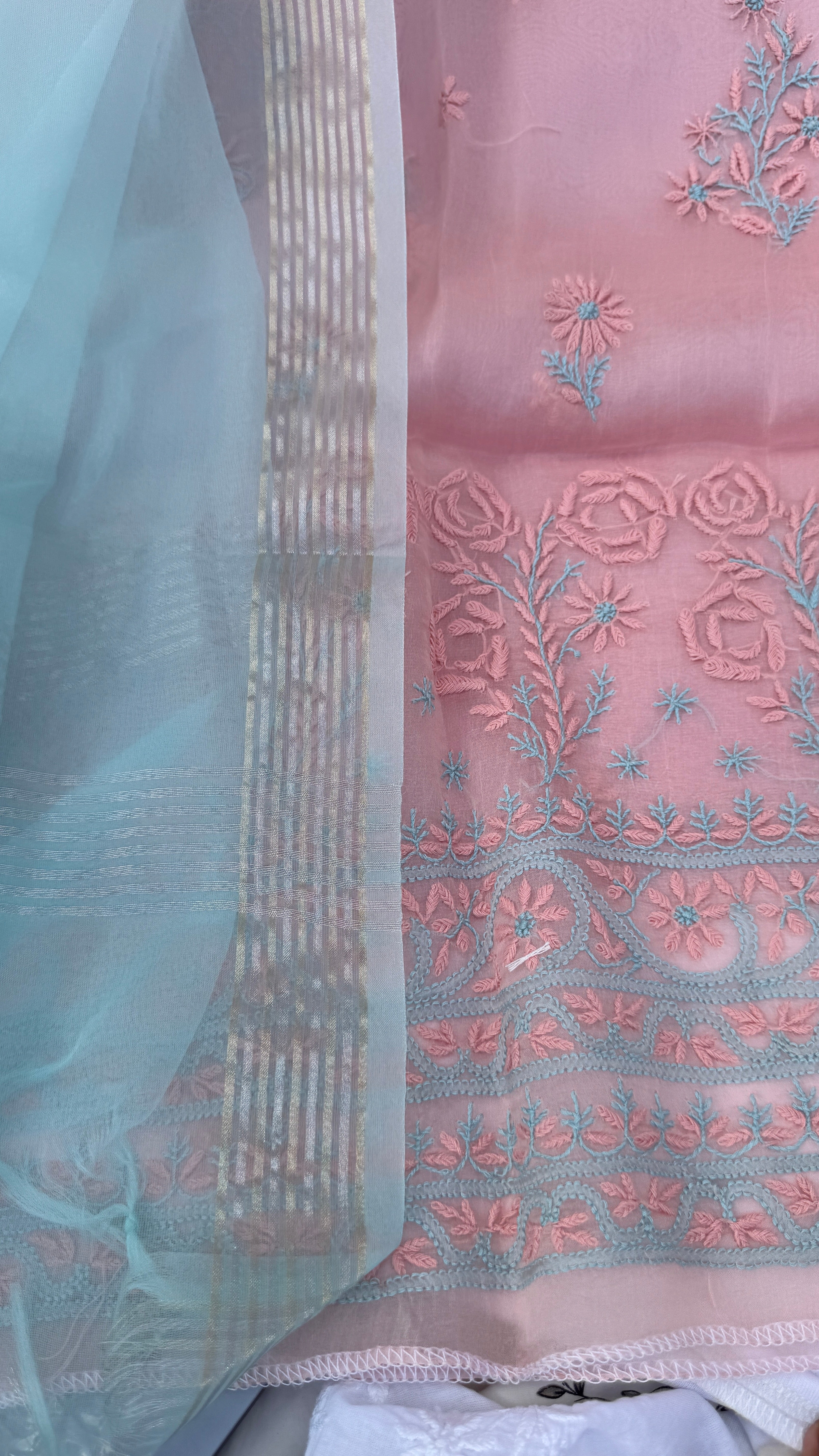 Pure Organza Lucknow Chikankari Unstitched Suit Set -Peach Pink