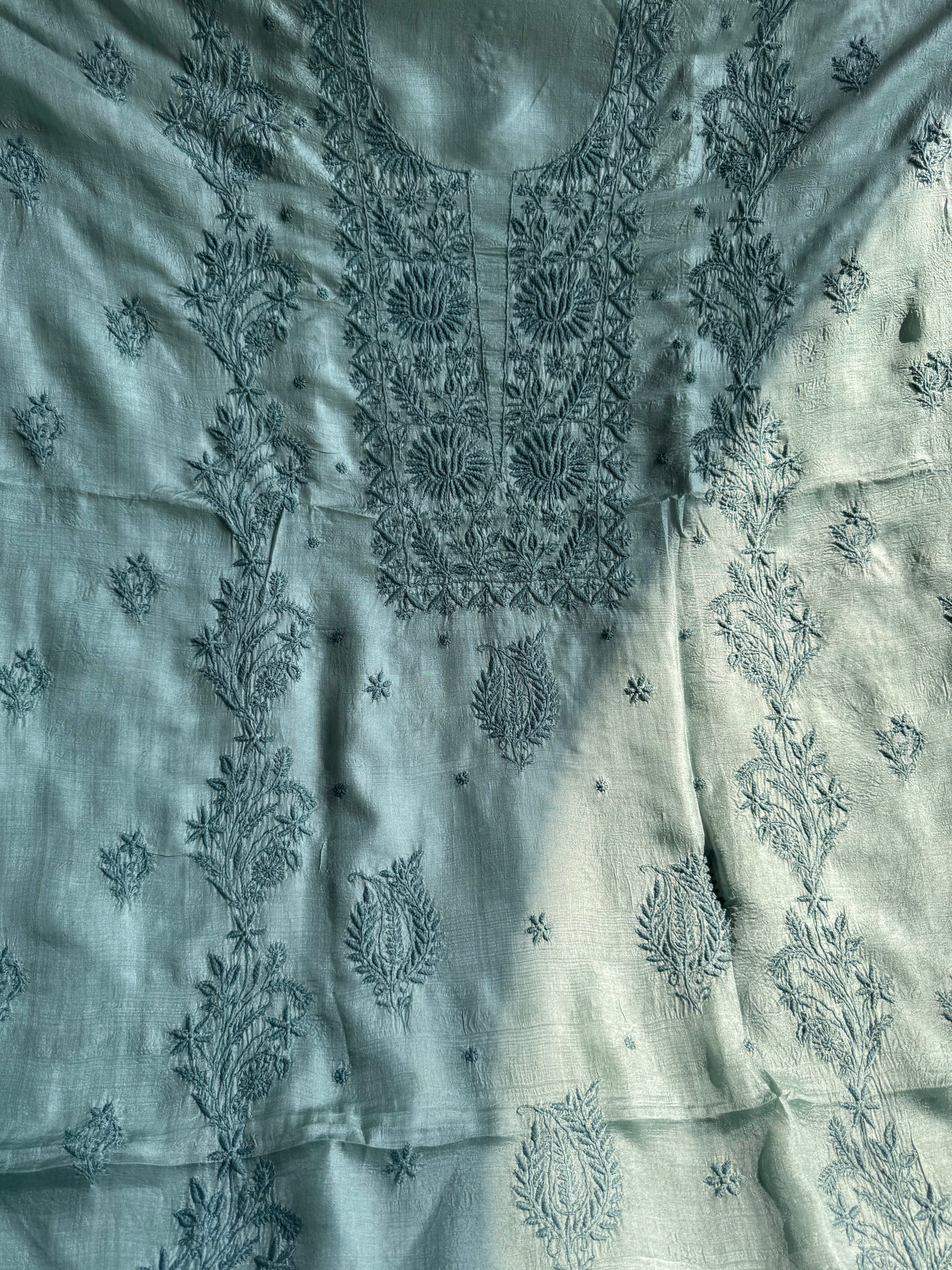 Pure Tussar Silk Chikankari Length with Dupatta - Teal Green ARIAA CHIKANKARI