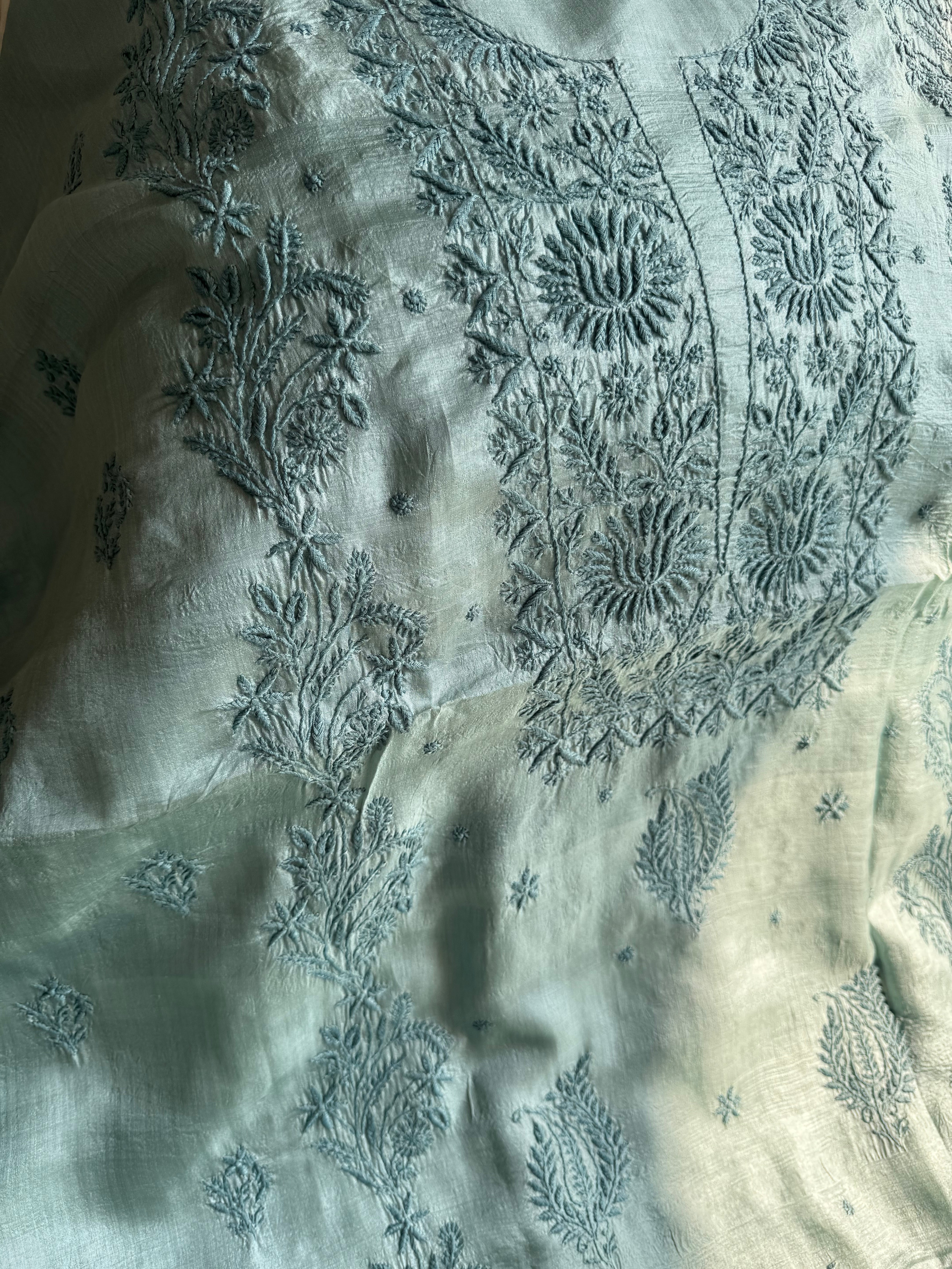 Pure Tussar Silk Chikankari Length with Dupatta - Teal Green ARIAA CHIKANKARI