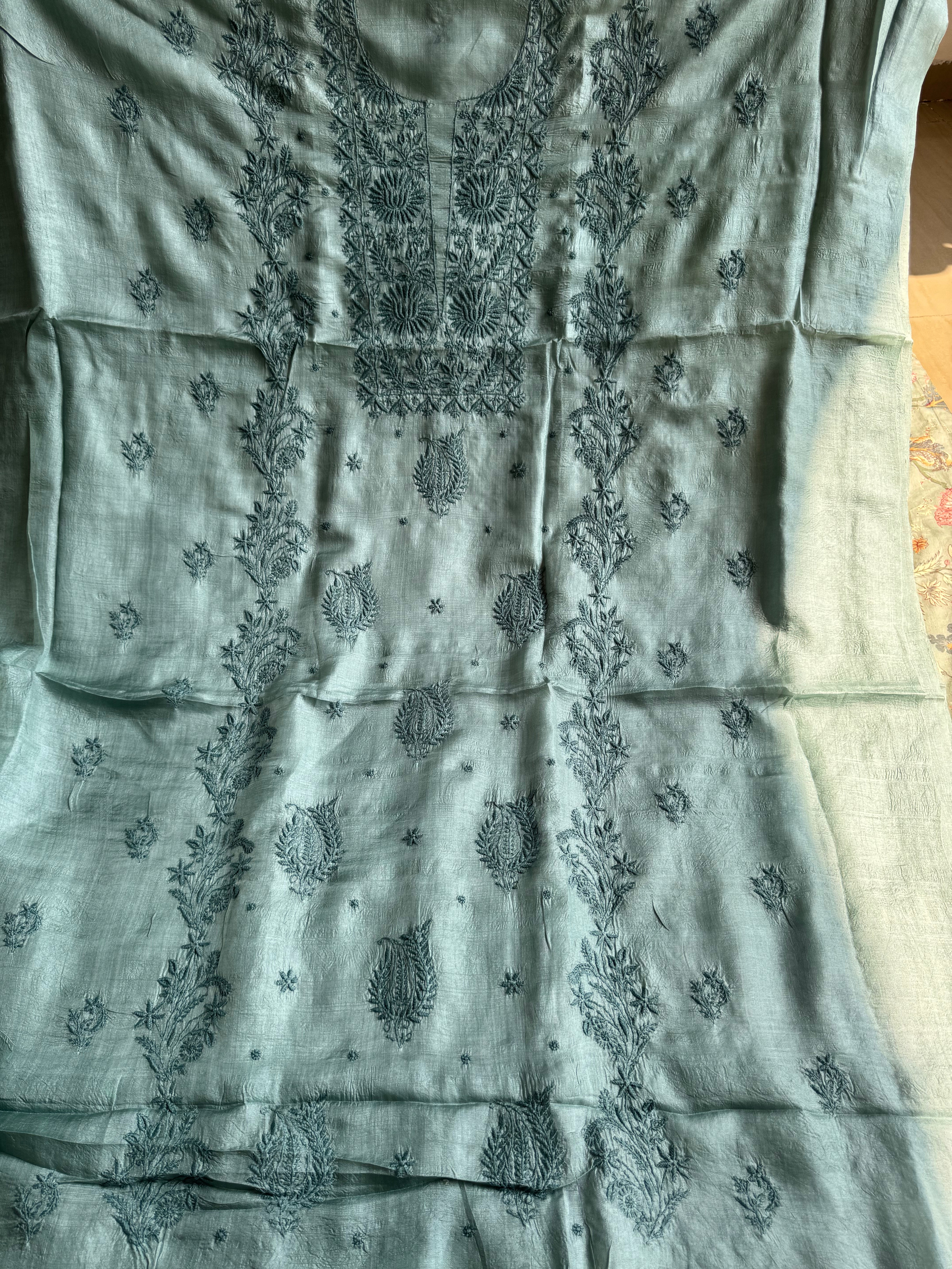 Pure Tussar Silk Chikankari Length with Dupatta - Teal Green ARIAA CHIKANKARI