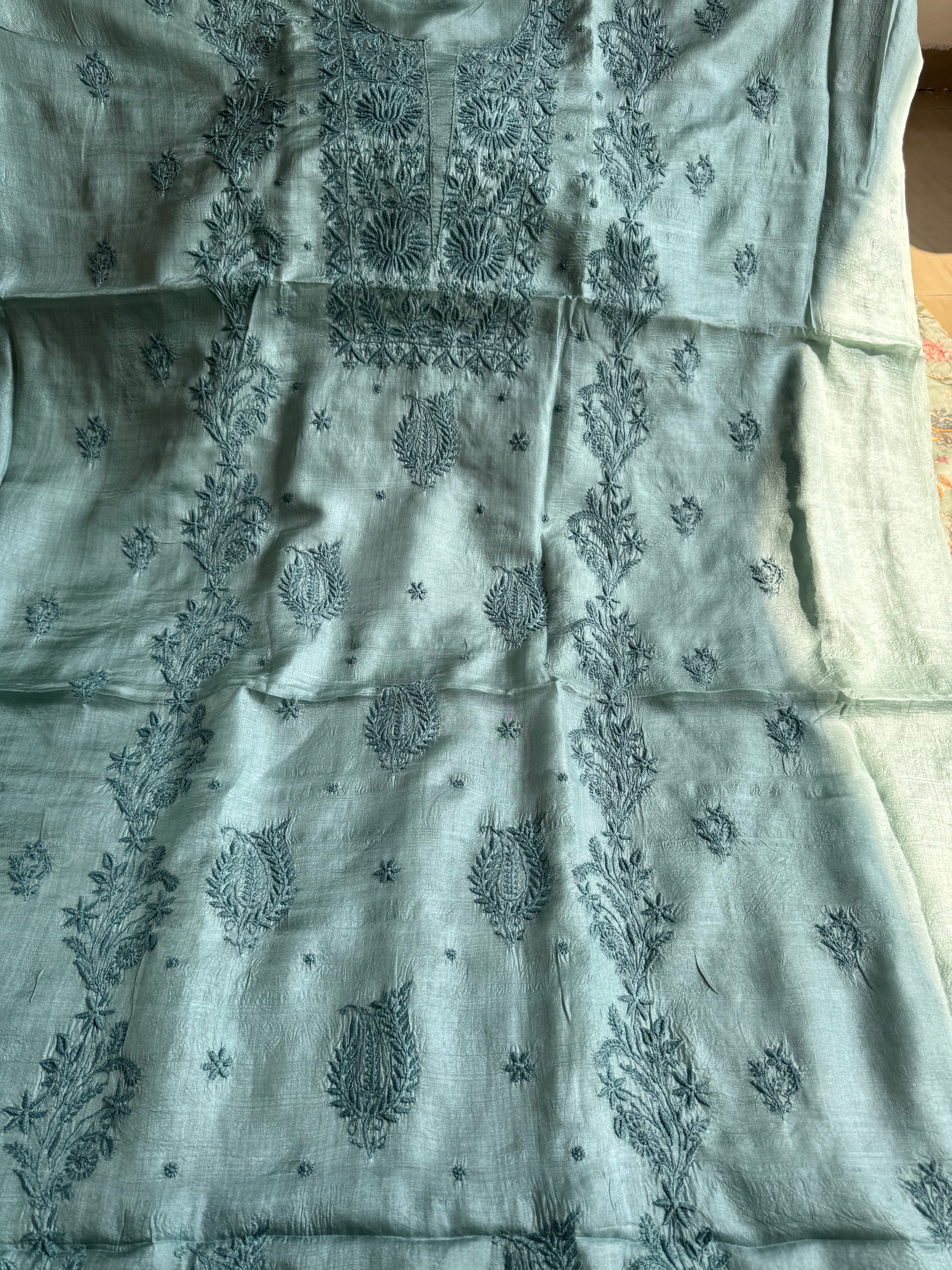 Pure Tussar Silk Chikankari Length with Dupatta - Teal Green ARIAA CHIKANKARI
