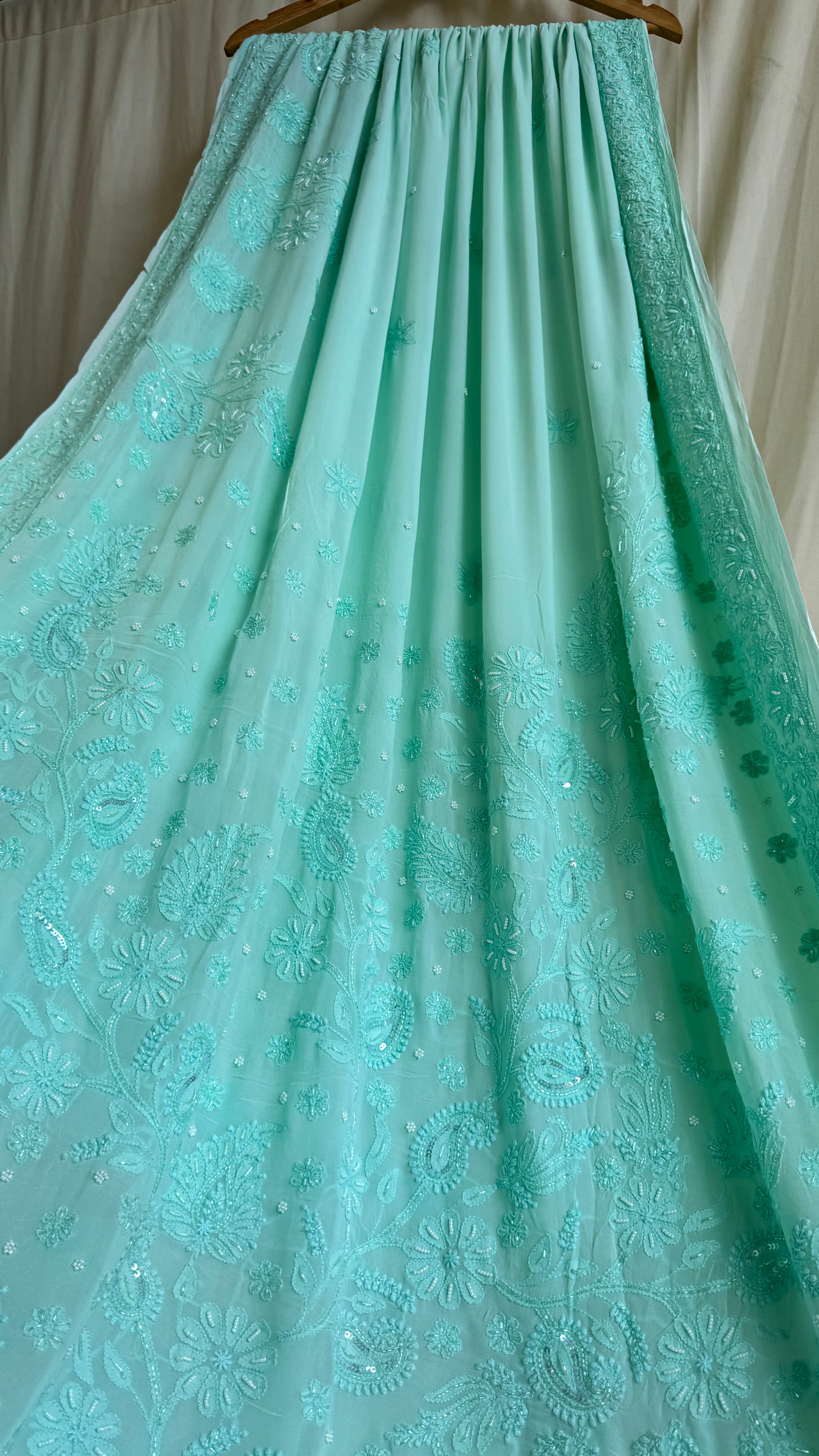 Chikankari saree with Pearl embellishments-Green- Ariaa Chikankari