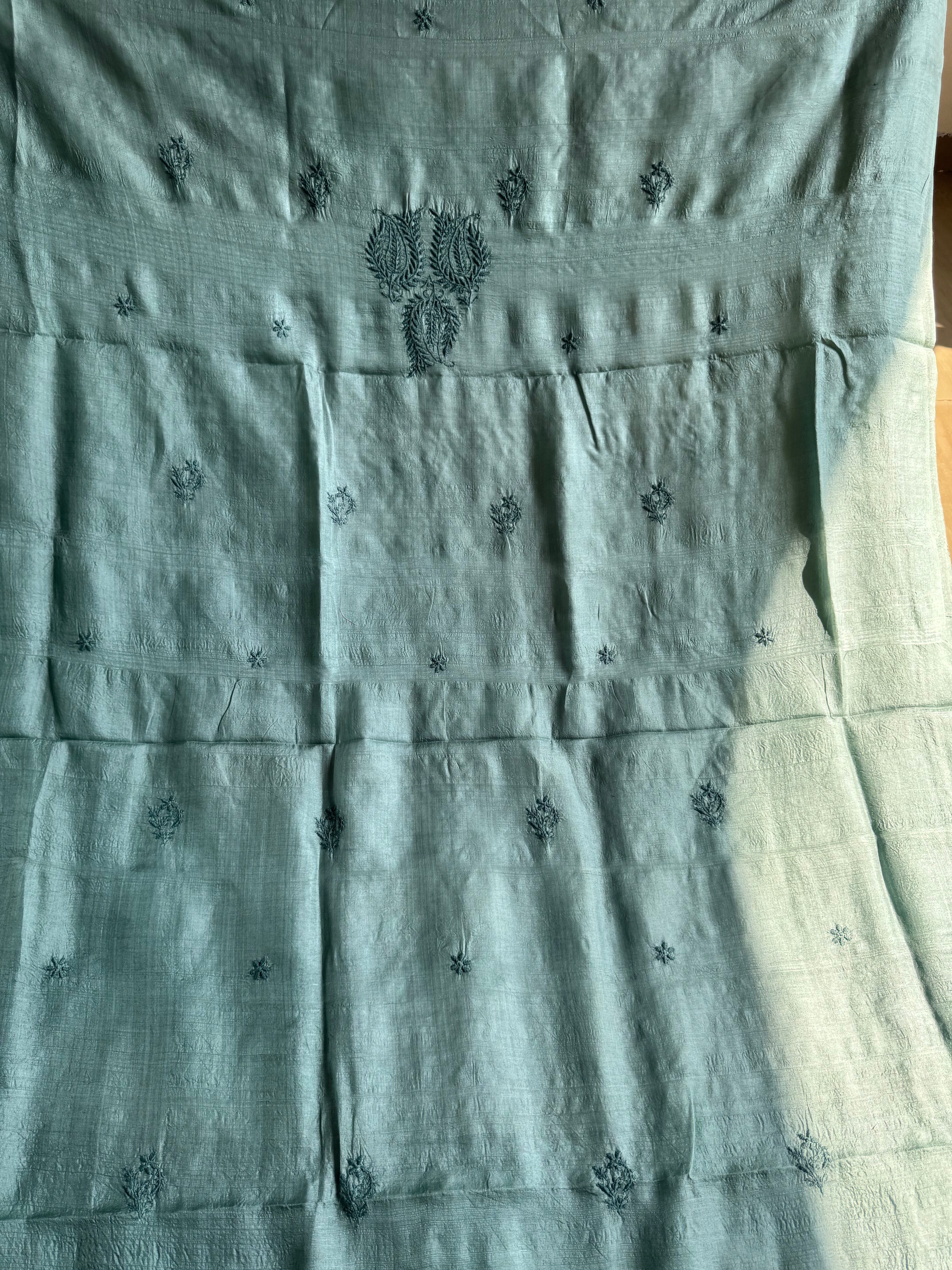 Pure Tussar Silk Chikankari Length with Dupatta - Teal Green ARIAA CHIKANKARI