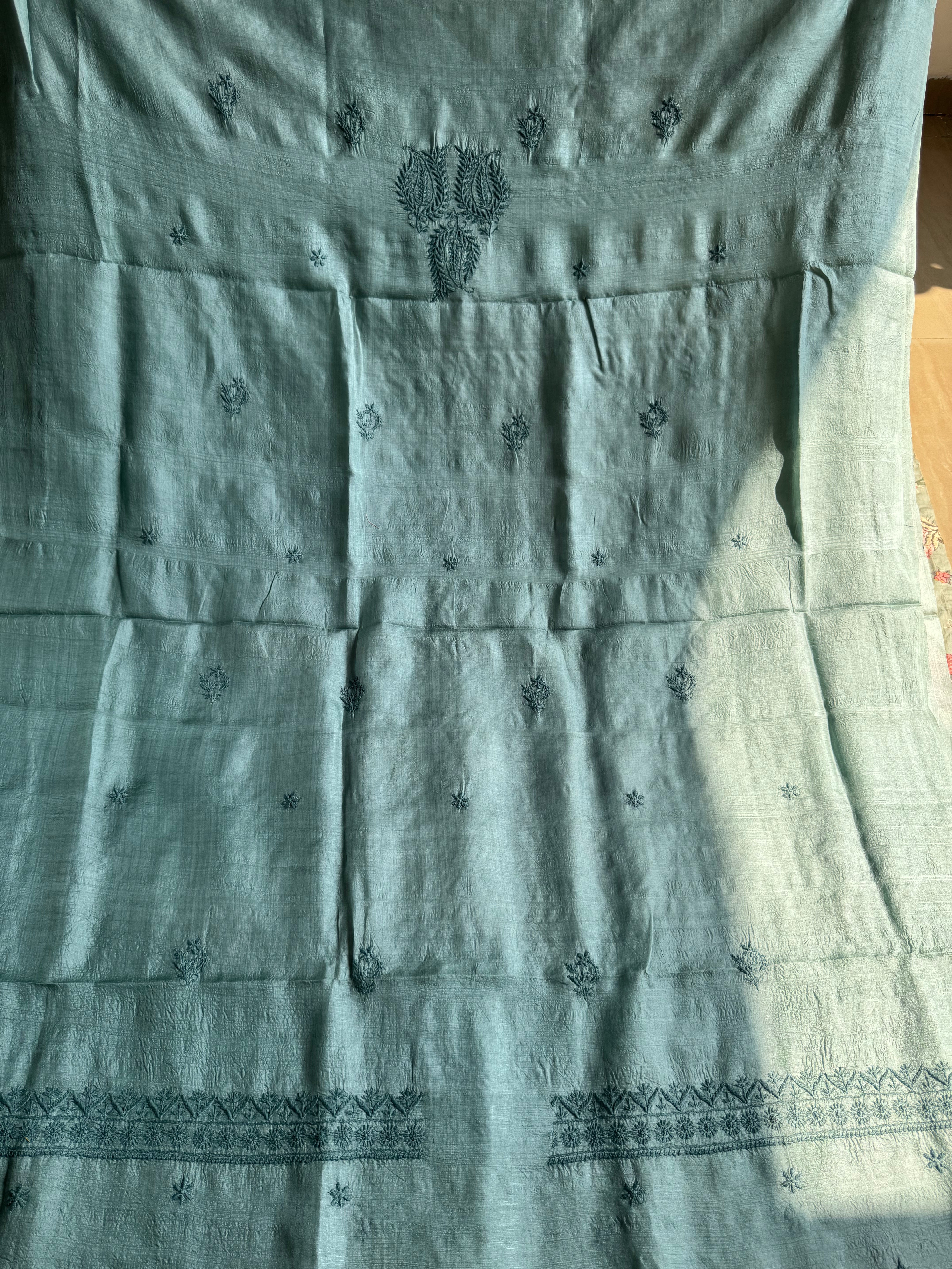 Pure Tussar Silk Chikankari Length with Dupatta - Teal Green ARIAA CHIKANKARI