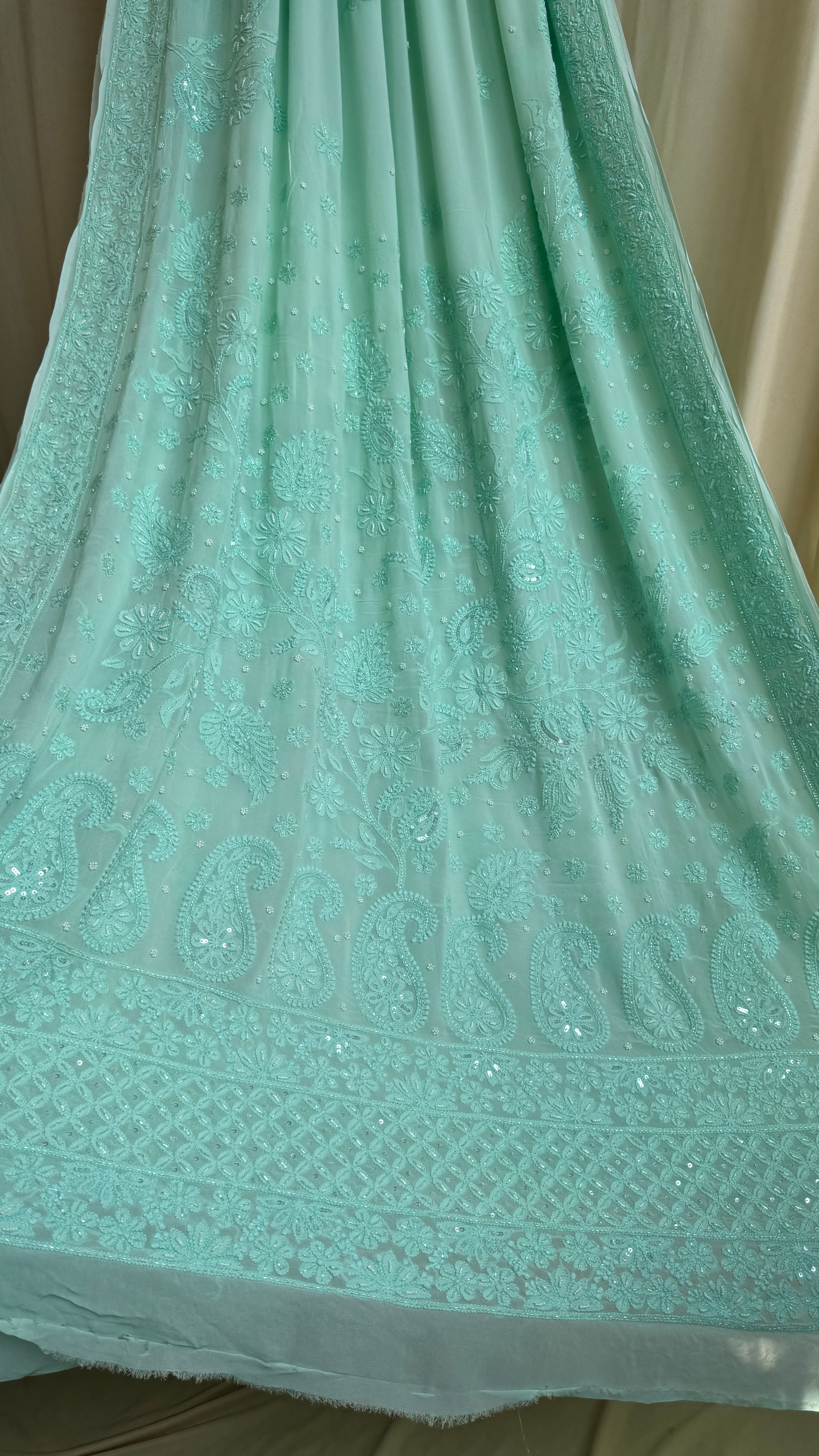 Chikankari saree with Pearl embellishments-Green- Ariaa Chikankari
