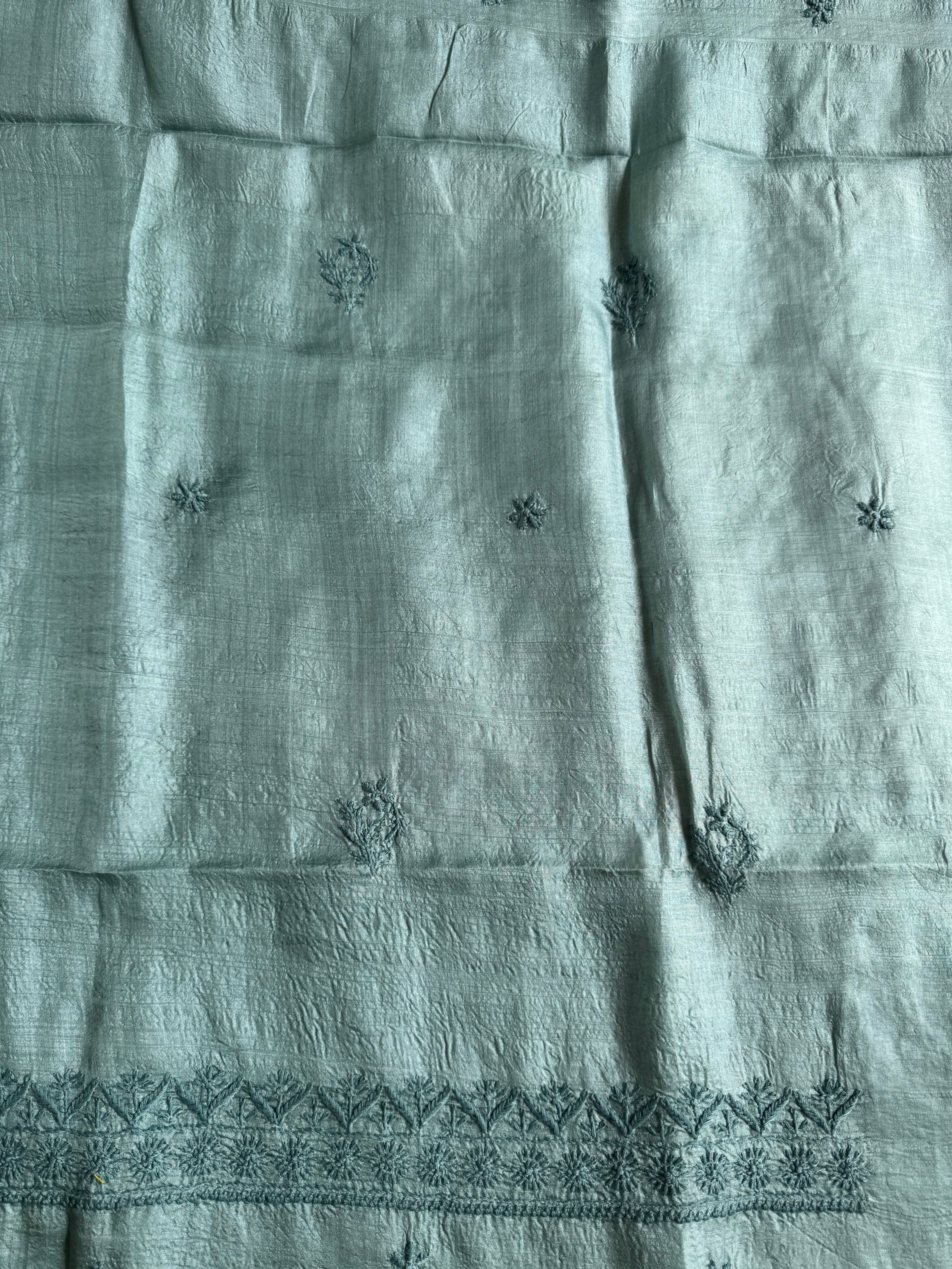 Pure Tussar Silk Chikankari Length with Dupatta - Teal Green ARIAA CHIKANKARI
