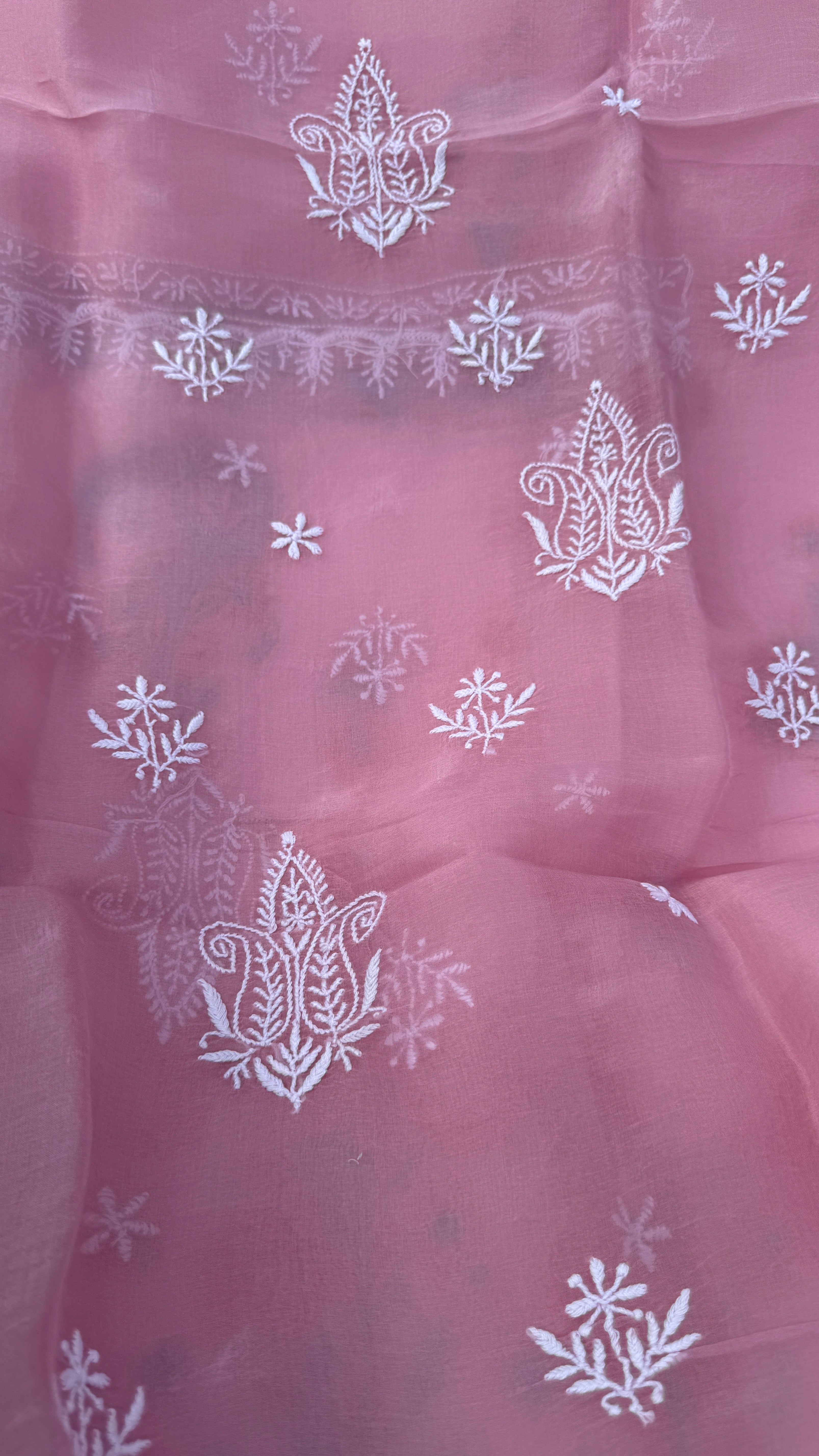 Pure Organza Lucknow Chikankari Unstitched Suit Set - Pink