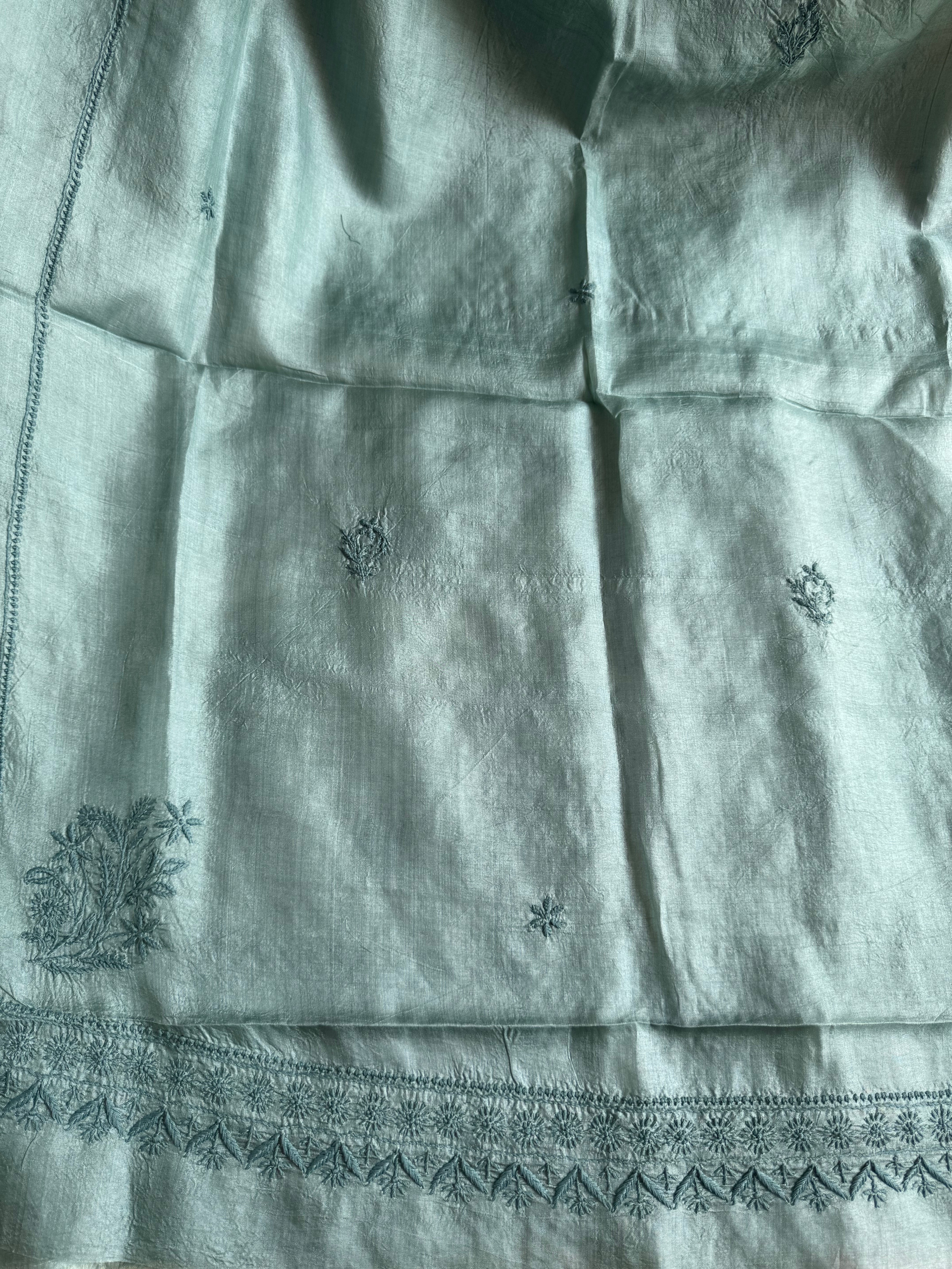 Pure Tussar Silk Chikankari Length with Dupatta - Teal Green ARIAA CHIKANKARI