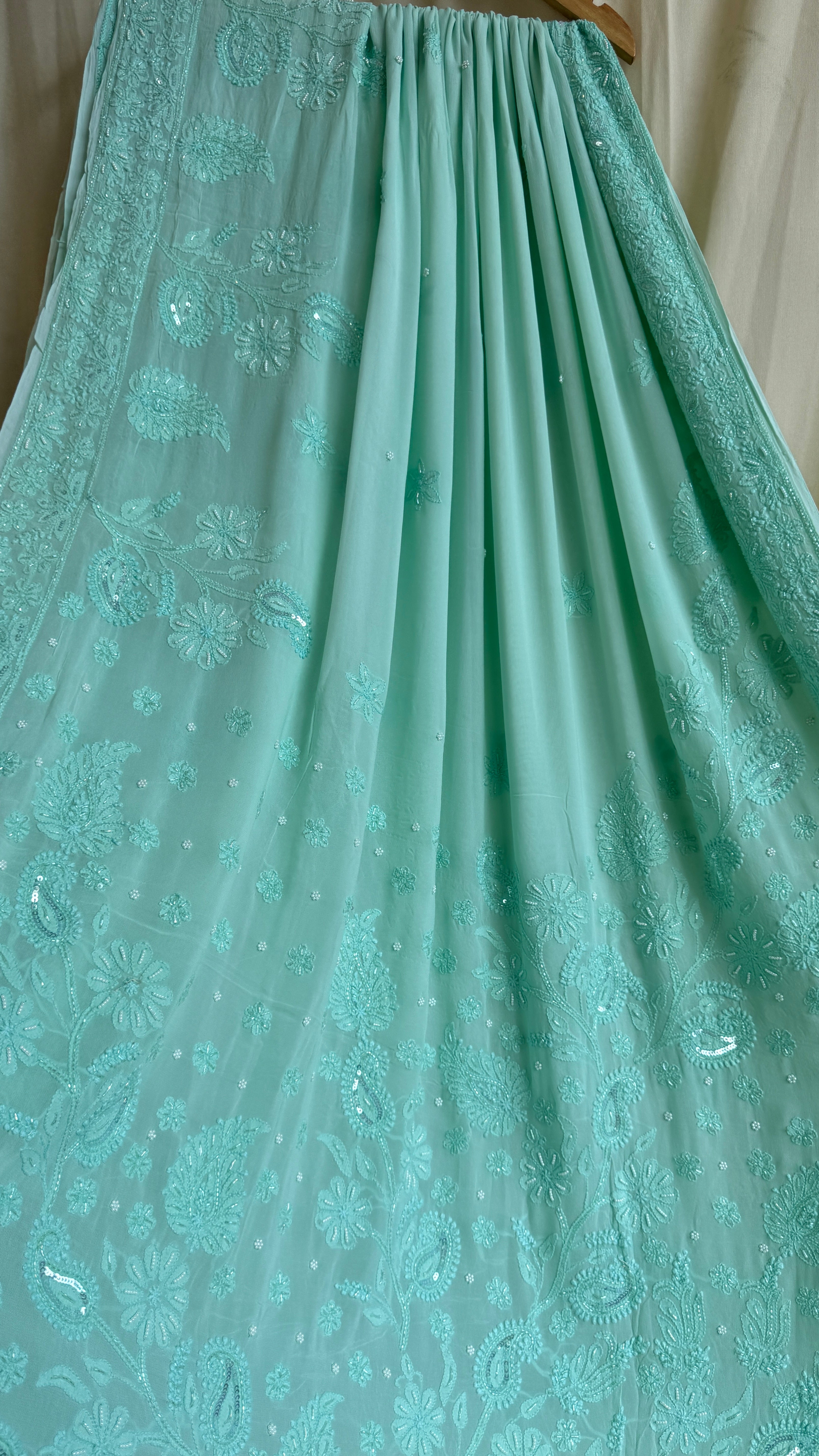 Chikankari saree with Pearl embellishments-Green- Ariaa Chikankari