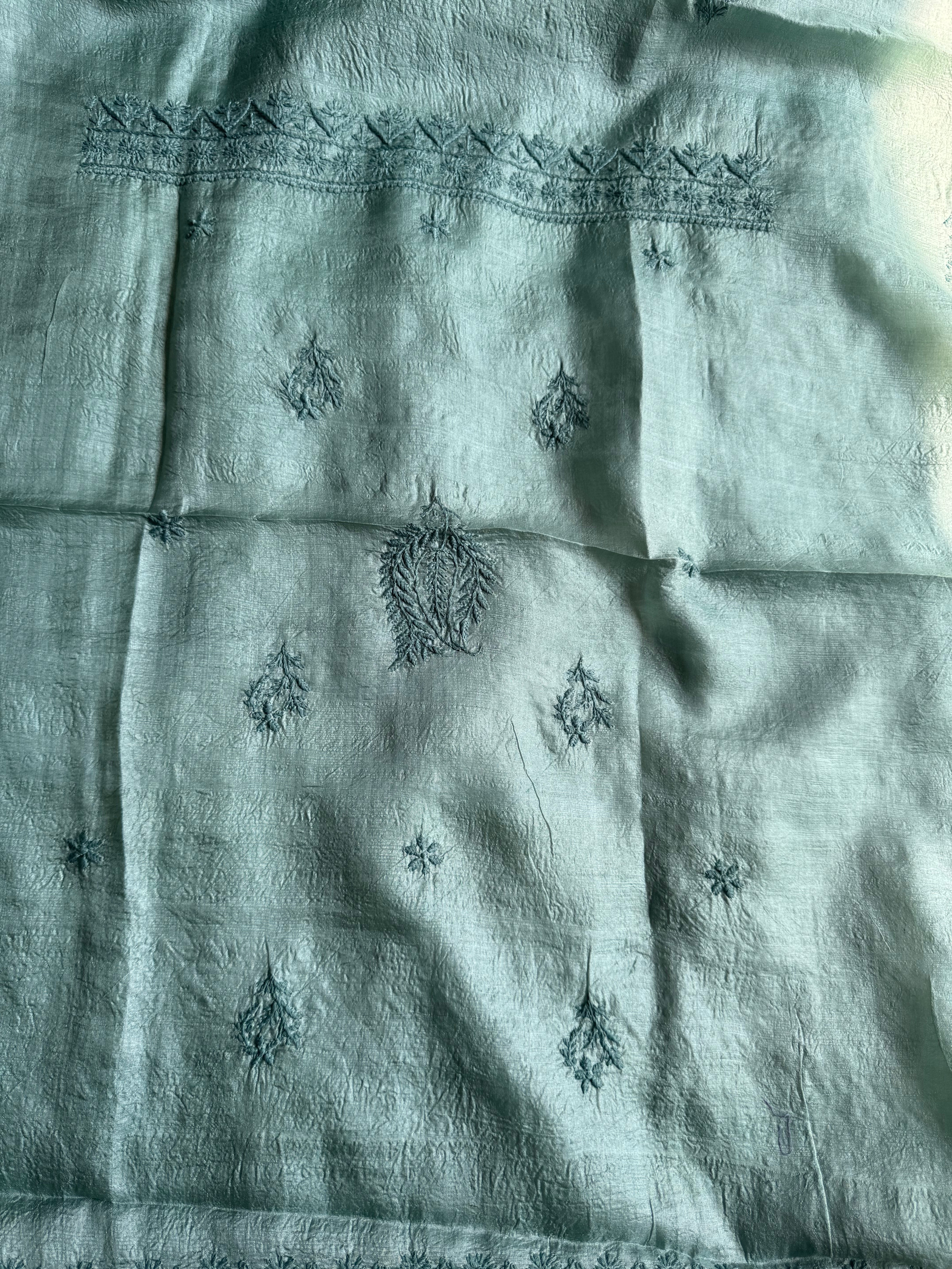 Pure Tussar Silk Chikankari Length with Dupatta - Teal Green ARIAA CHIKANKARI