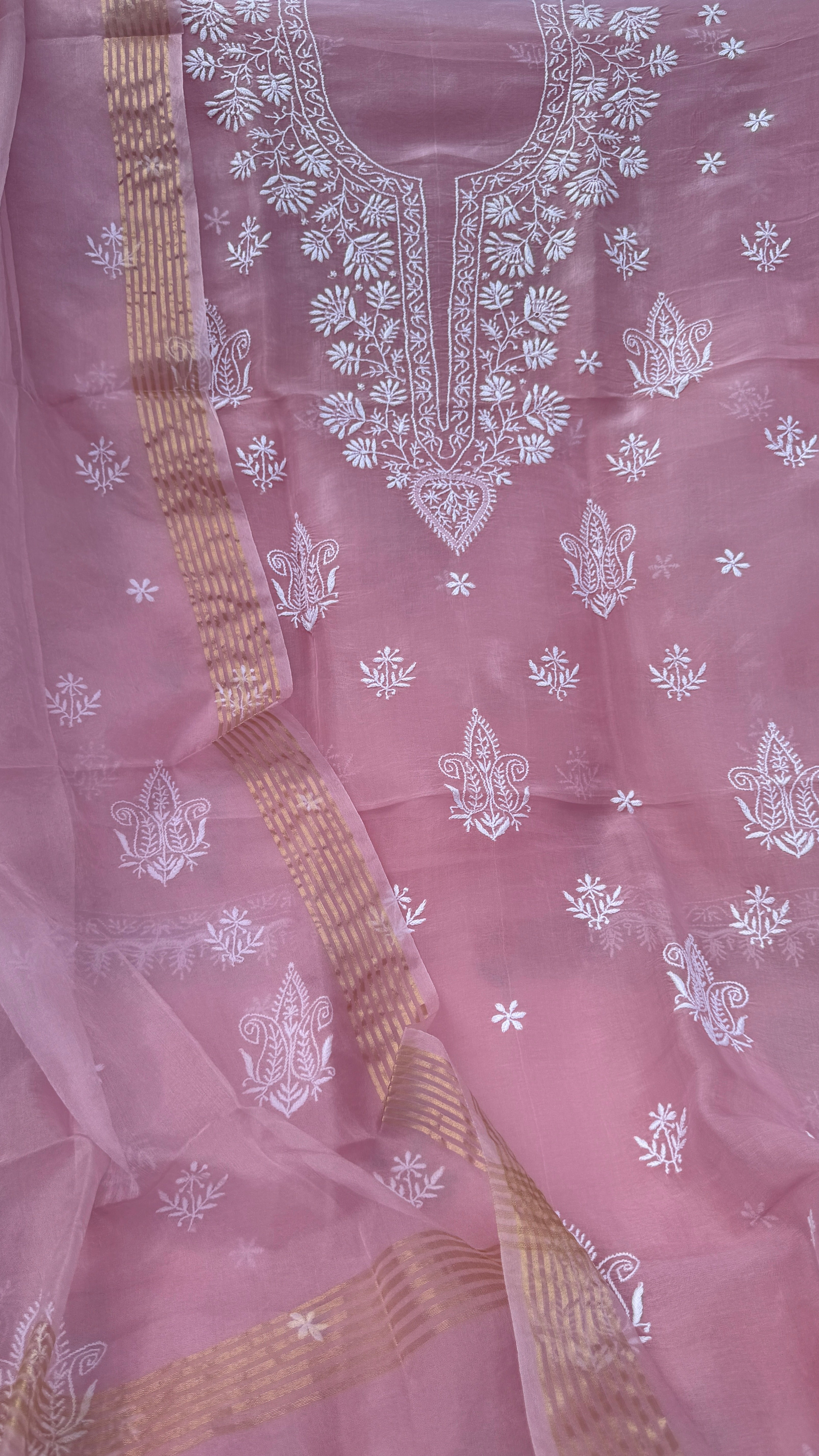 Pure Organza Lucknow Chikankari Unstitched Suit Set - Pink