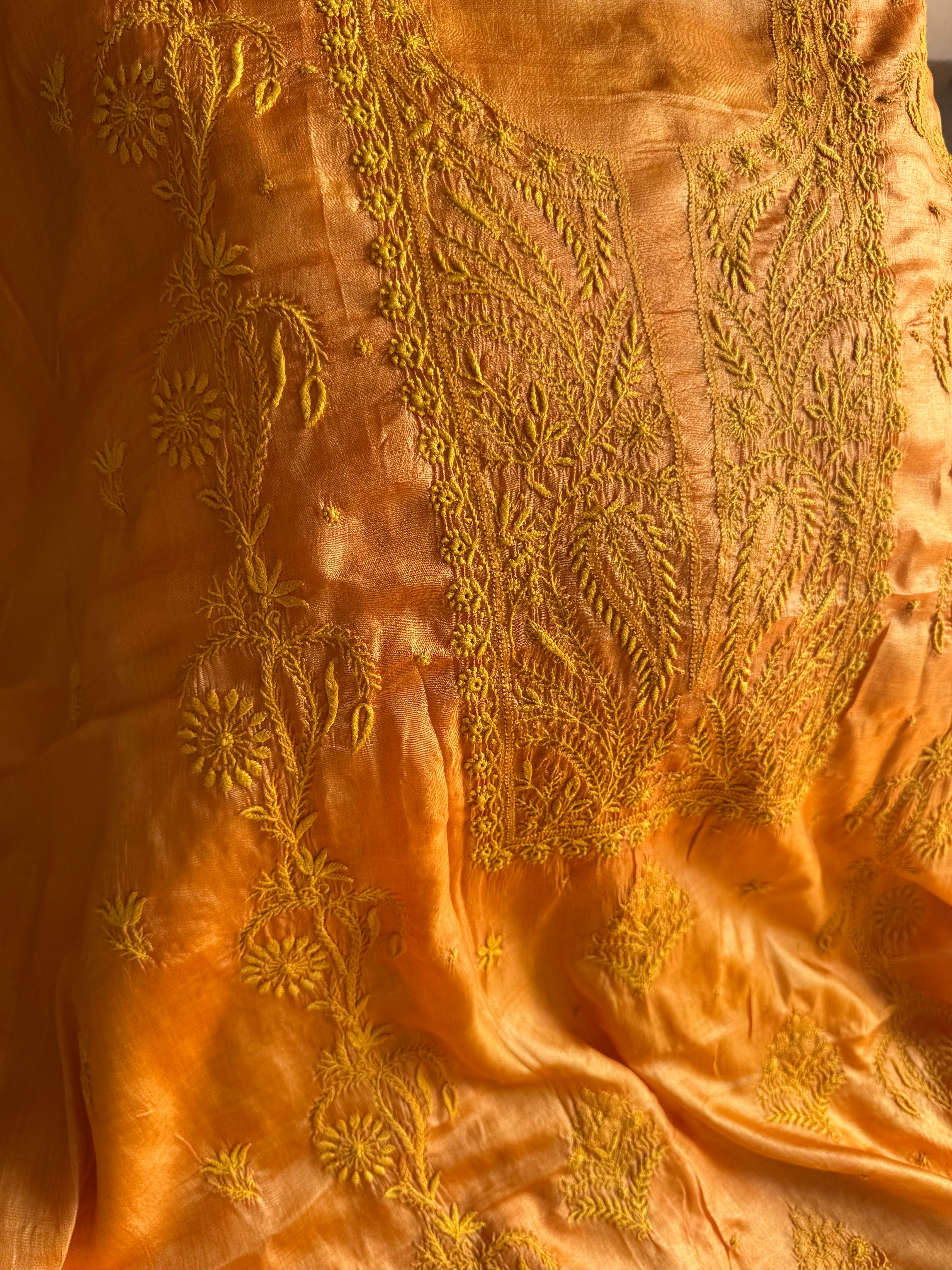 Pure Tussar Silk Chikankari Length with Dupatta - Mustard yellow ARIAA CHIKANKARI