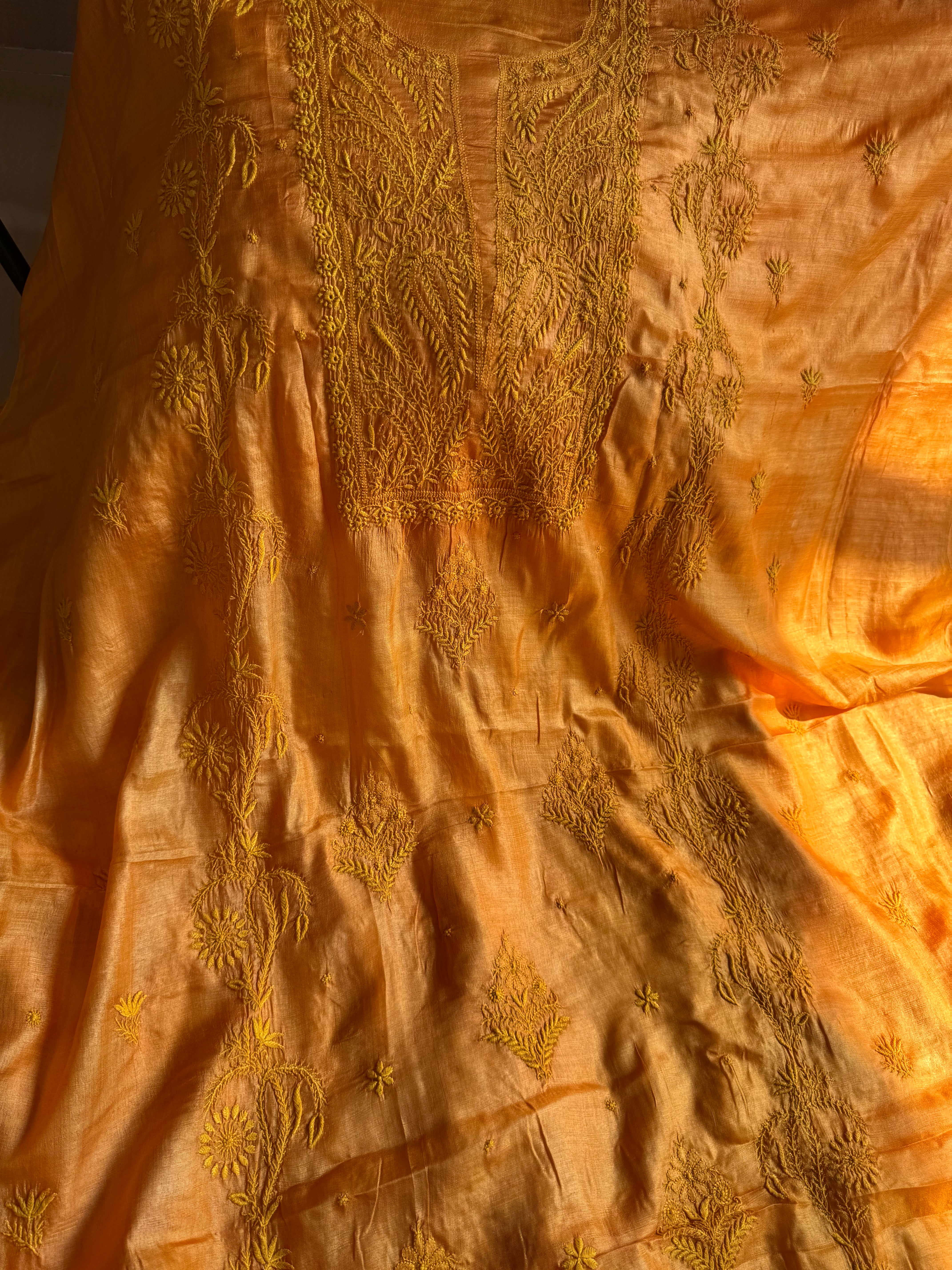 Pure Tussar Silk Chikankari Length with Dupatta - Mustard yellow ARIAA CHIKANKARI