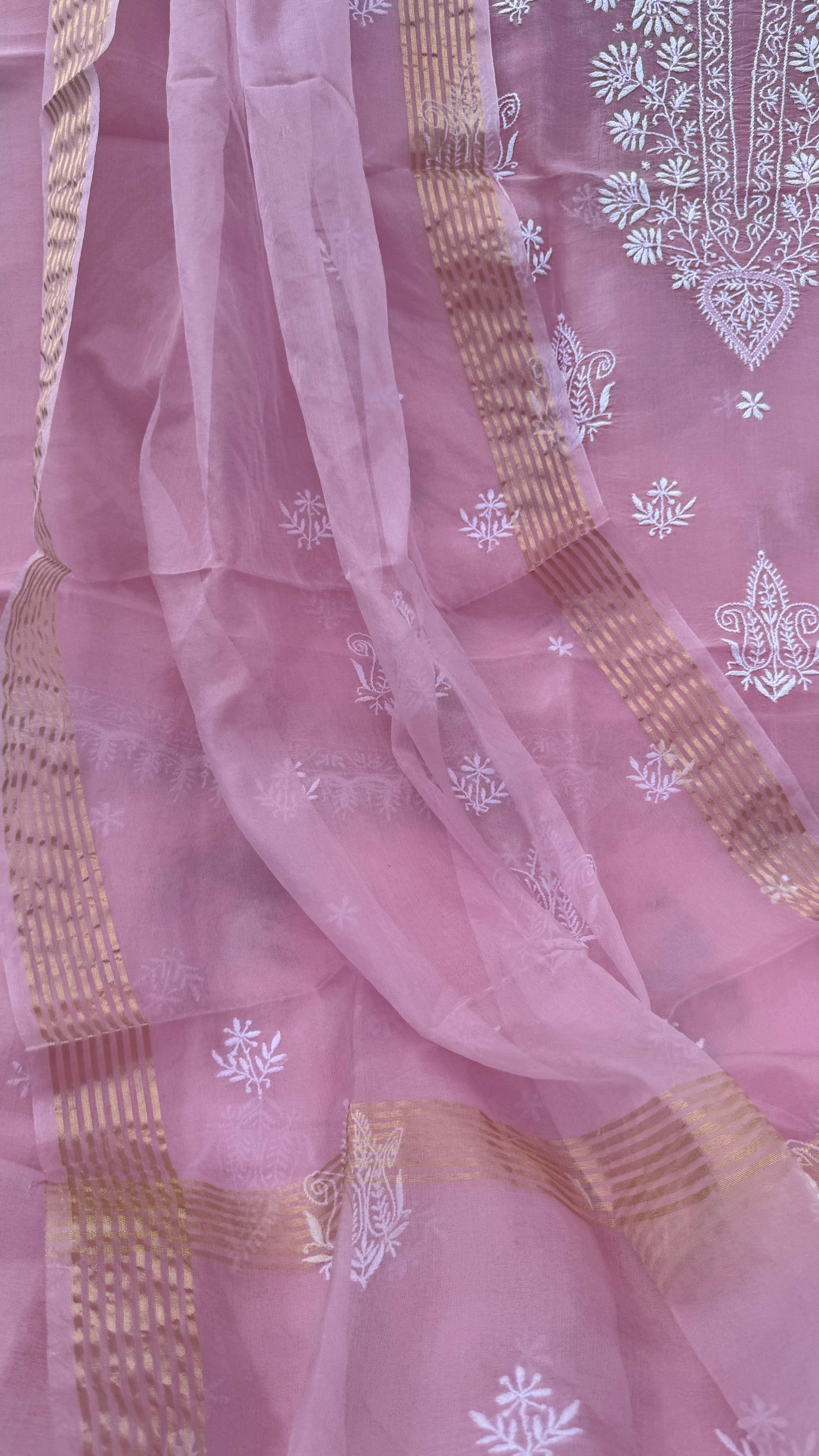 Pure Organza Lucknow Chikankari Unstitched Suit Set - Pink