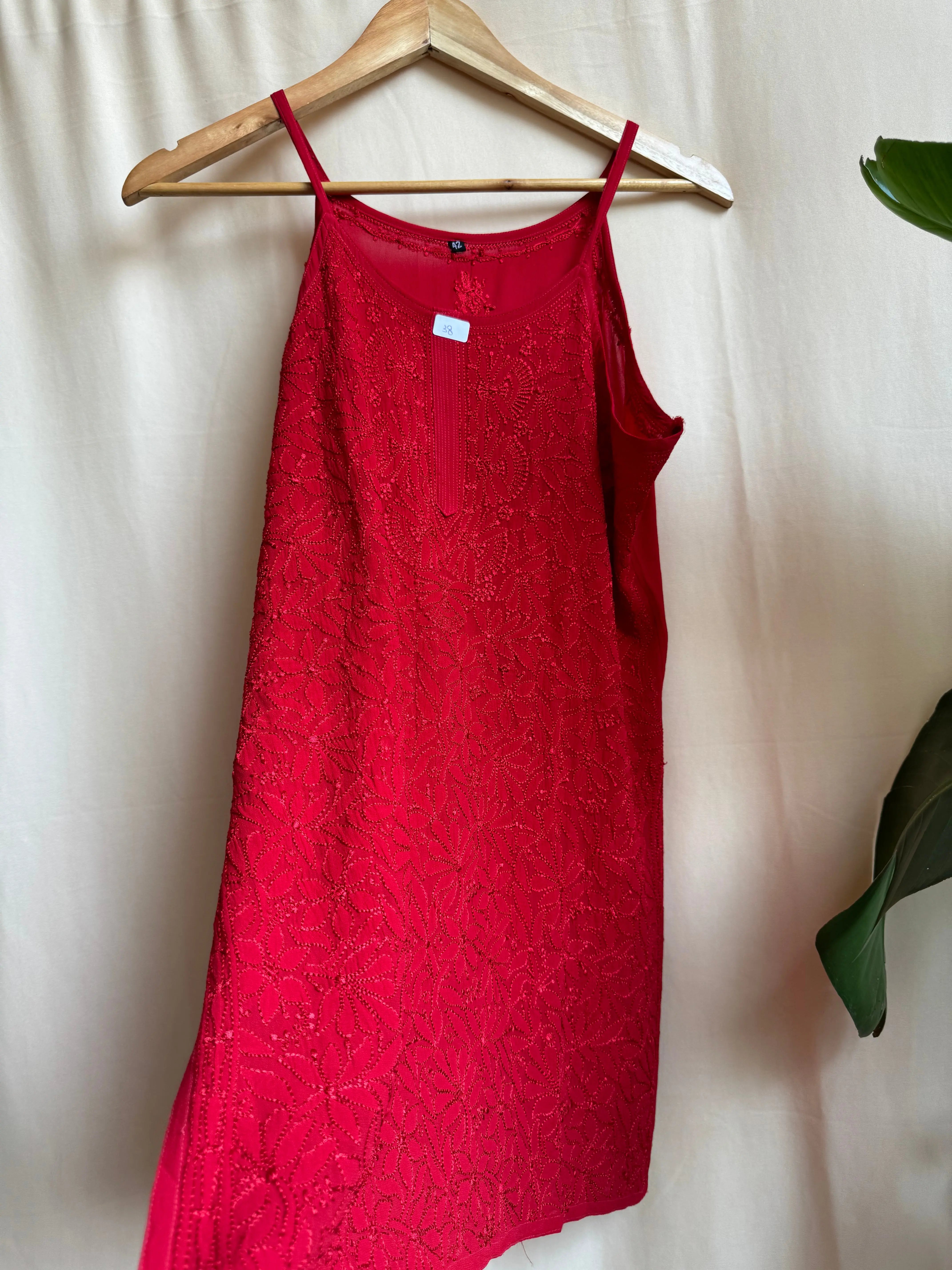 Chikankari Noodle Strap short Top in Red ARIAA CHIKANKARI