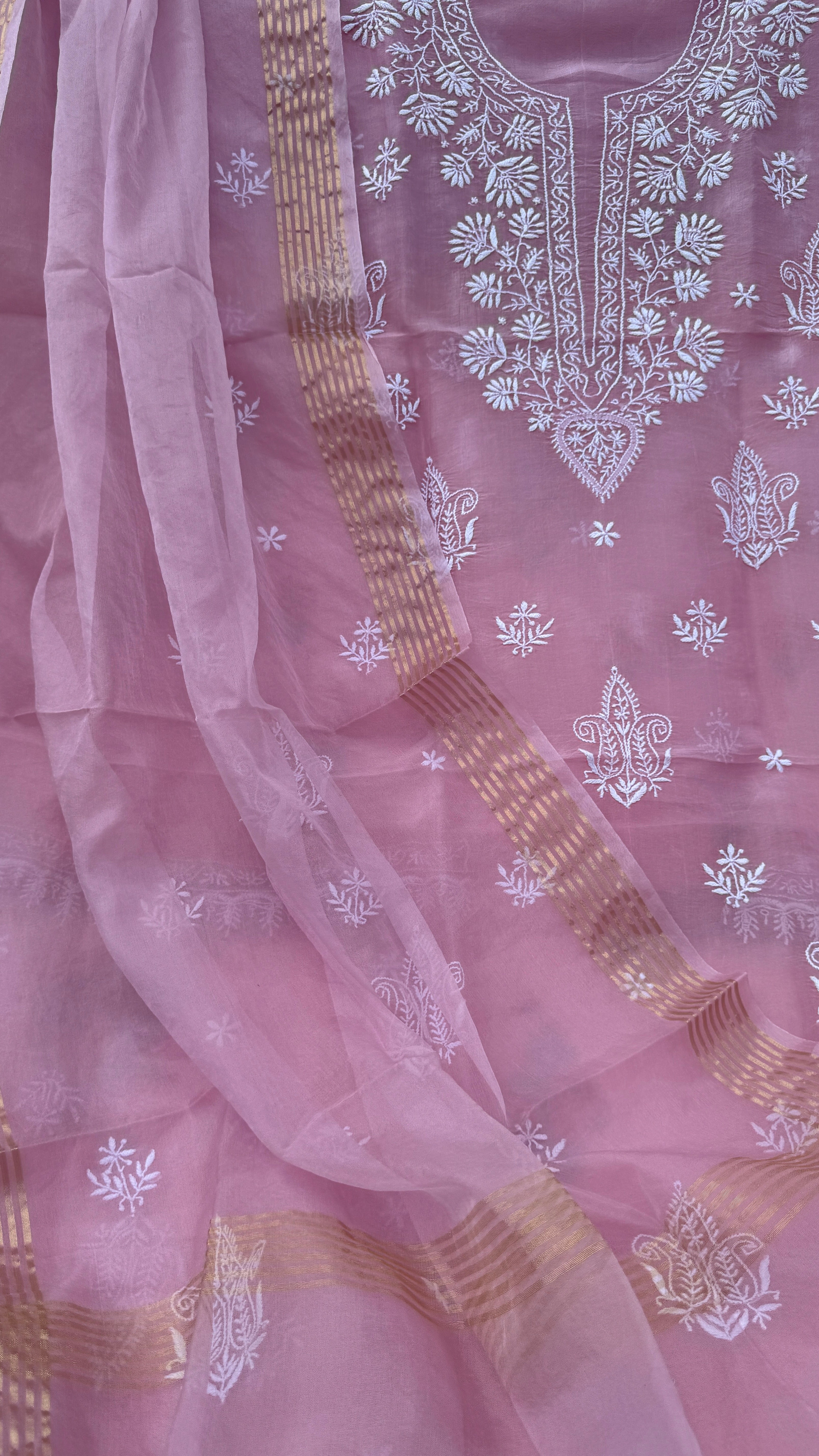 Pure Organza Lucknow Chikankari Unstitched Suit Set - Pink