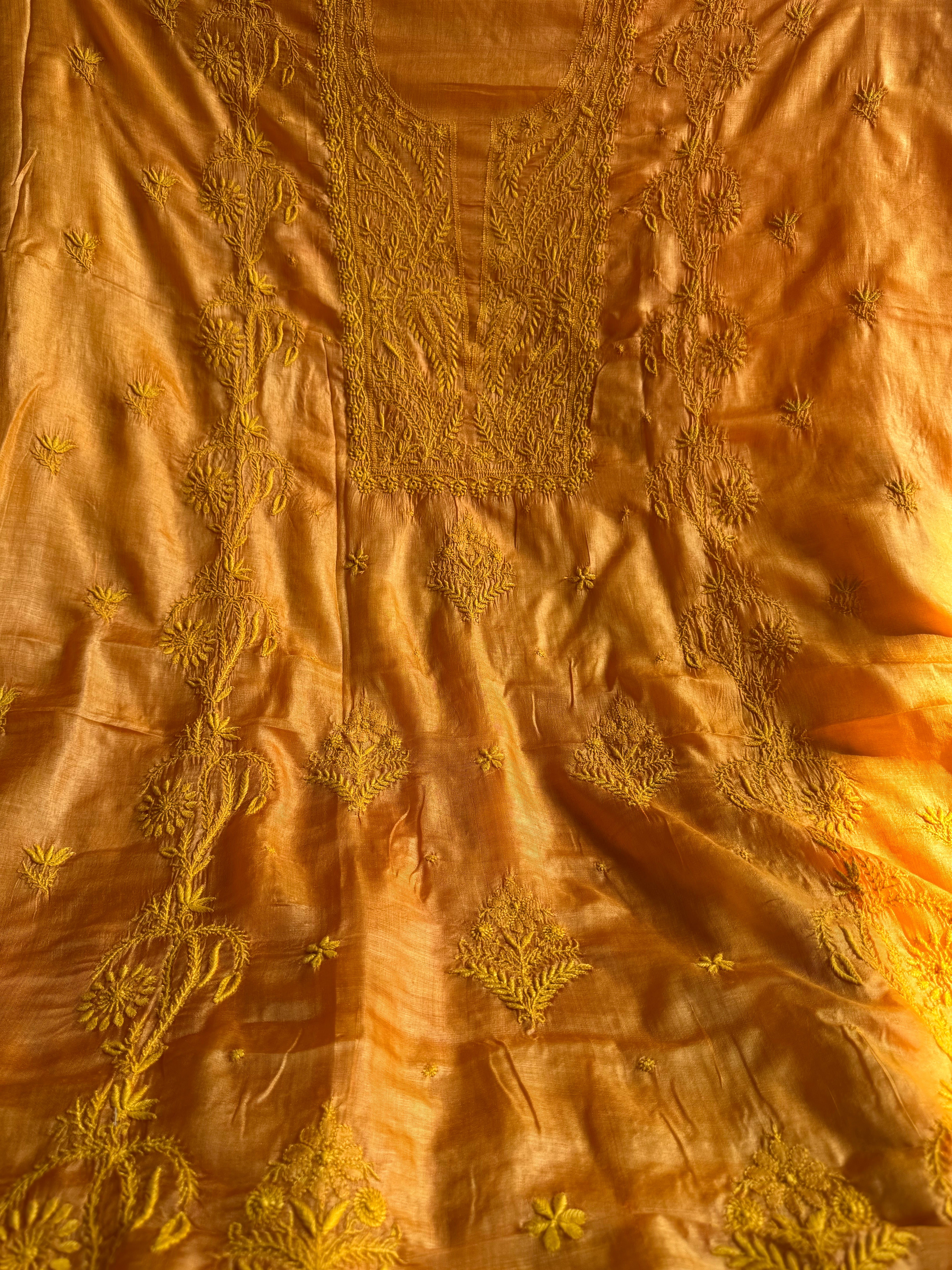 Pure Tussar Silk Chikankari Length with Dupatta - Mustard yellow ARIAA CHIKANKARI