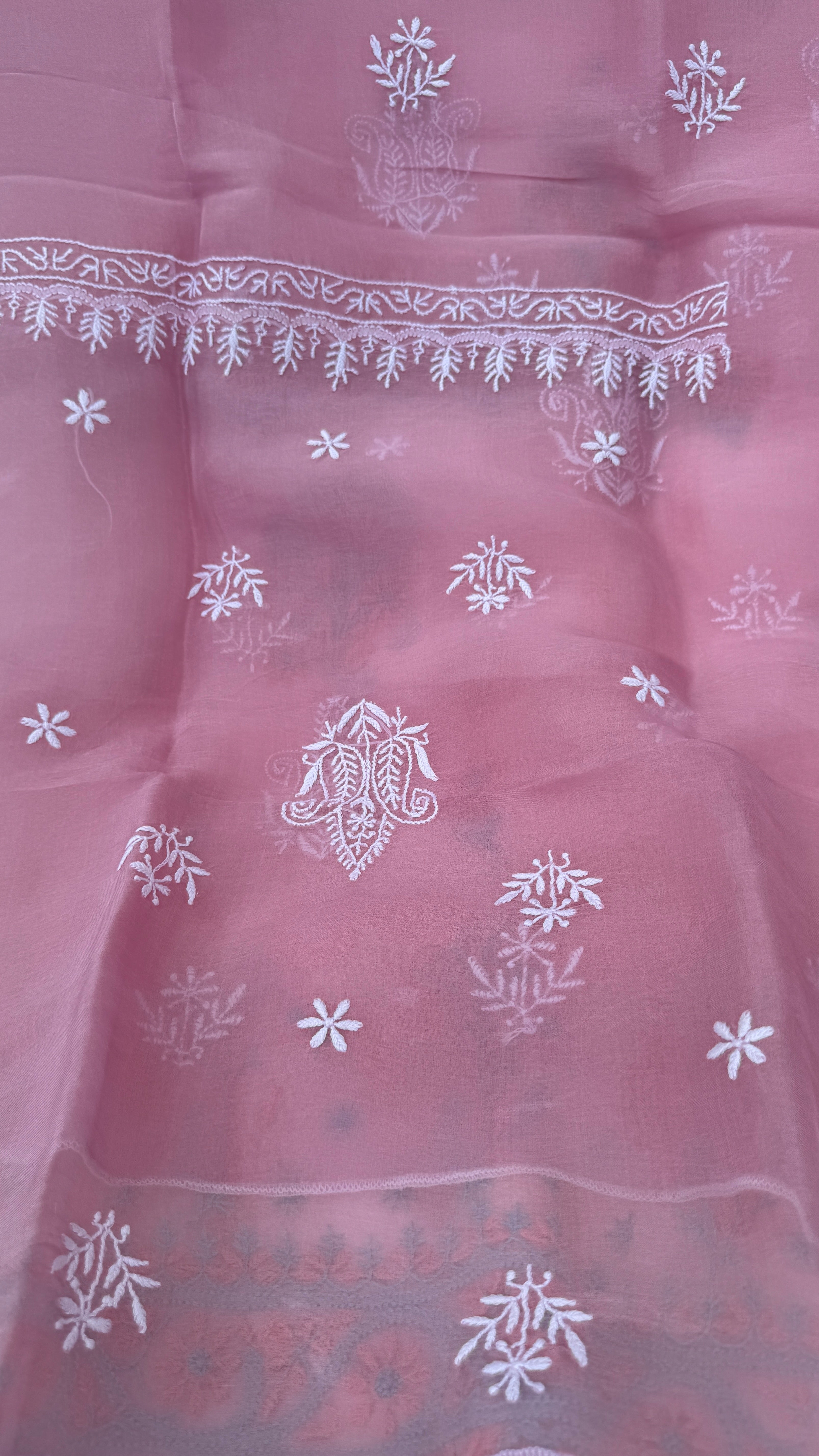 Pure Organza Lucknow Chikankari Unstitched Suit Set - Pink