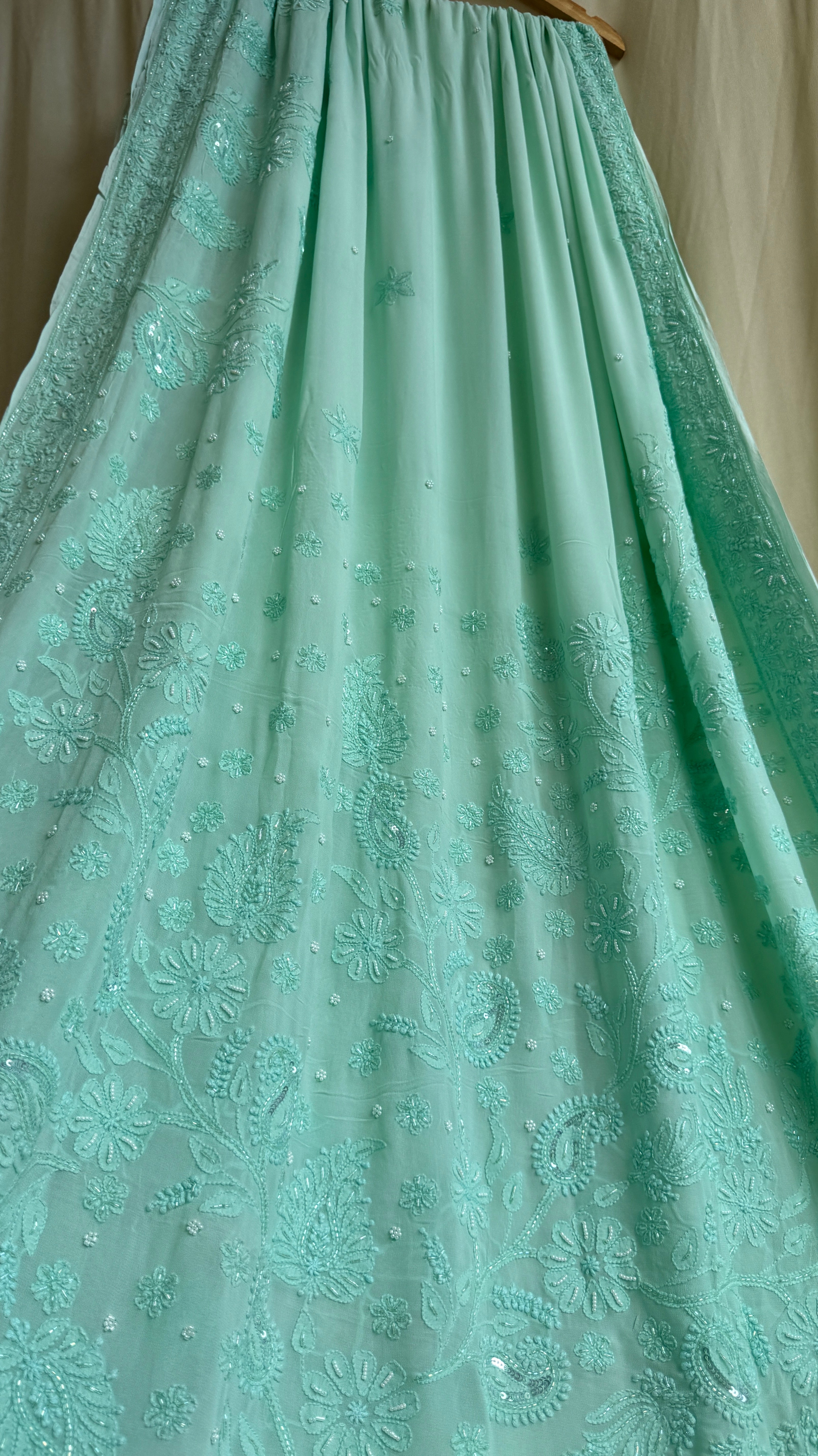 Chikankari saree with Pearl embellishments-Green- Ariaa Chikankari