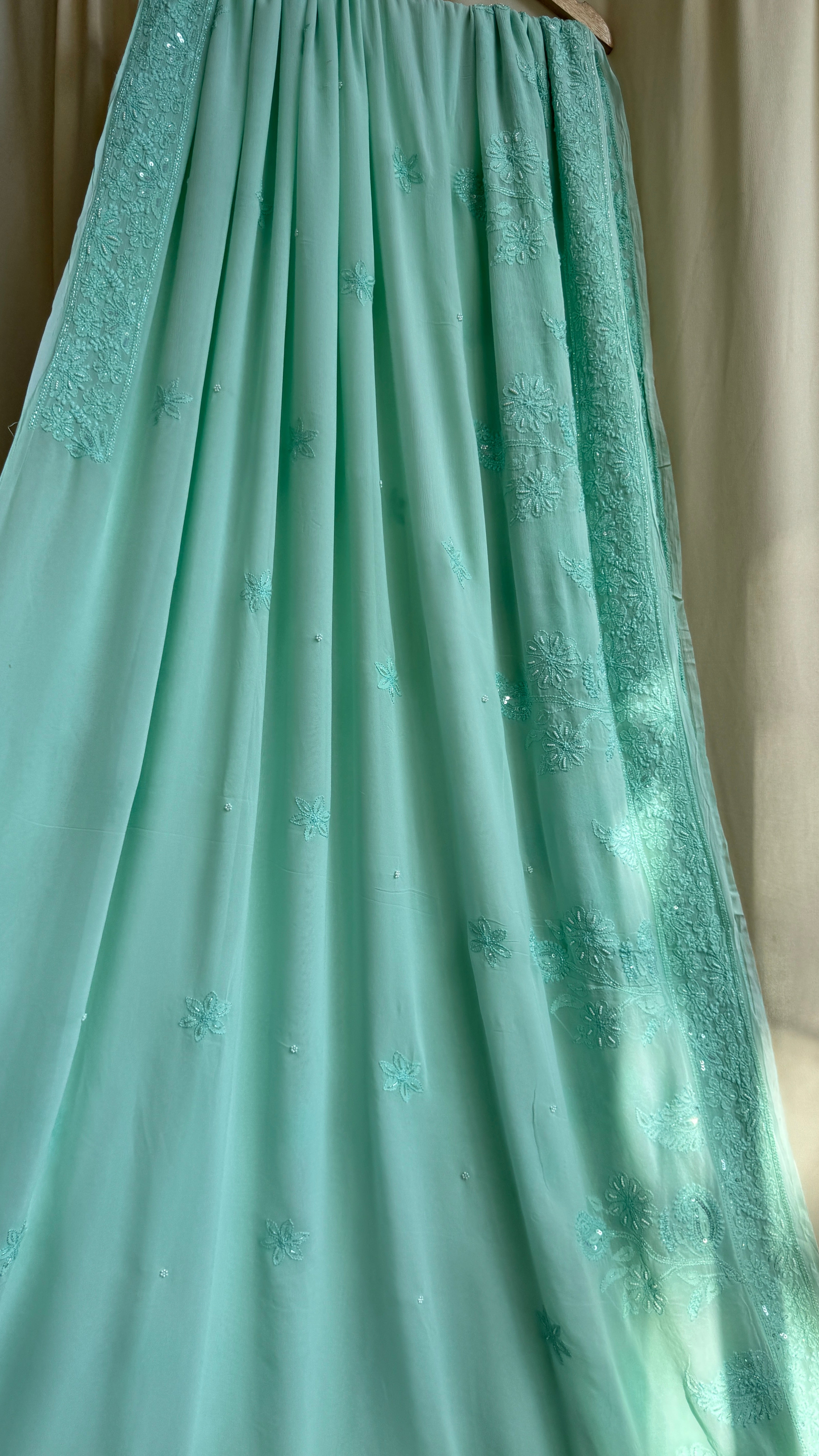 Chikankari saree with Pearl embellishments-Green- Ariaa Chikankari